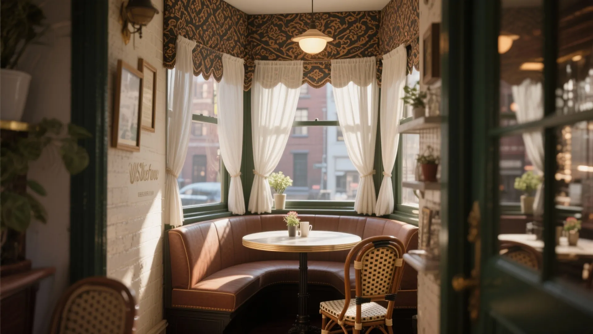 Patterned valance layered over sheer curtains in small dining nook