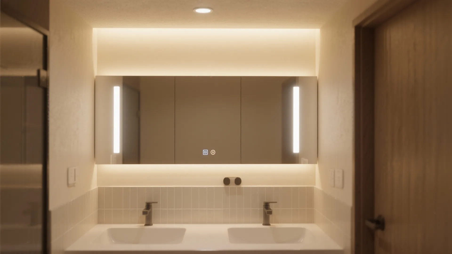 Double sink bathroom vanity with large lighted mirror cabinet and warm overhead light fixture design
