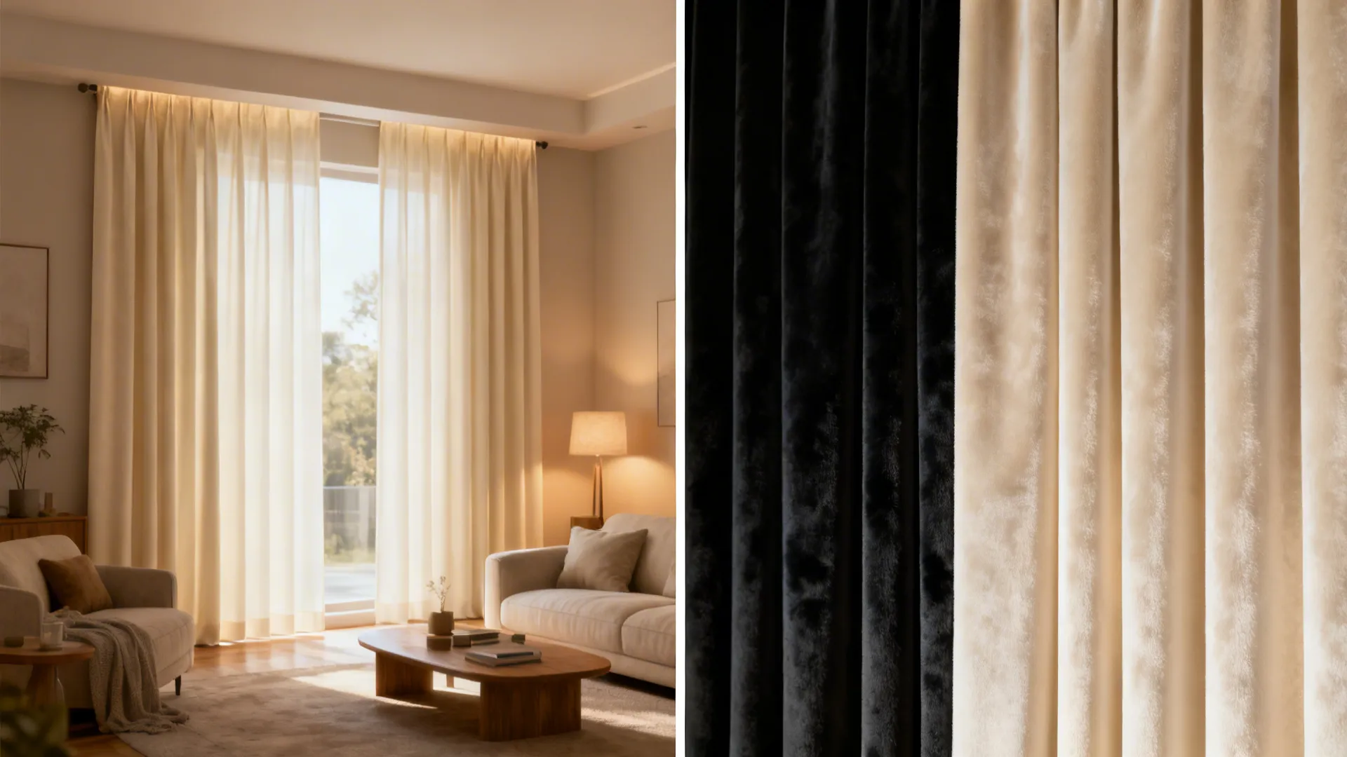 Before and after view of cream velvet with hidden black blackout backing in a living room.