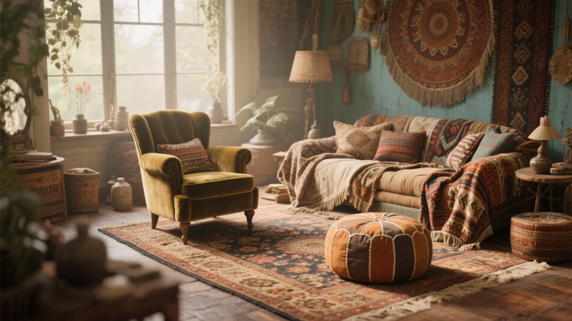Living room with vintage velvet armchair, patterned throws, layered rugs