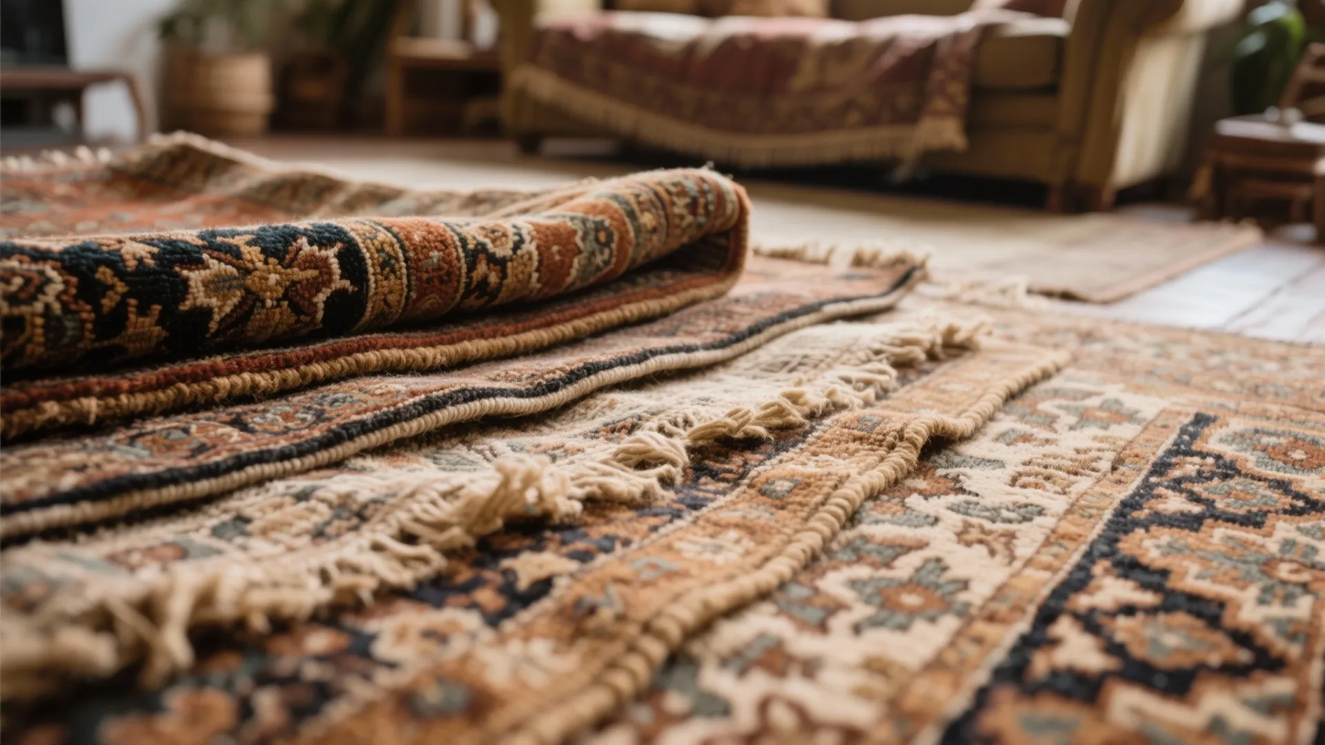 Close up view of layered vintage patterned rugs with fringe details on a wooden floor surface