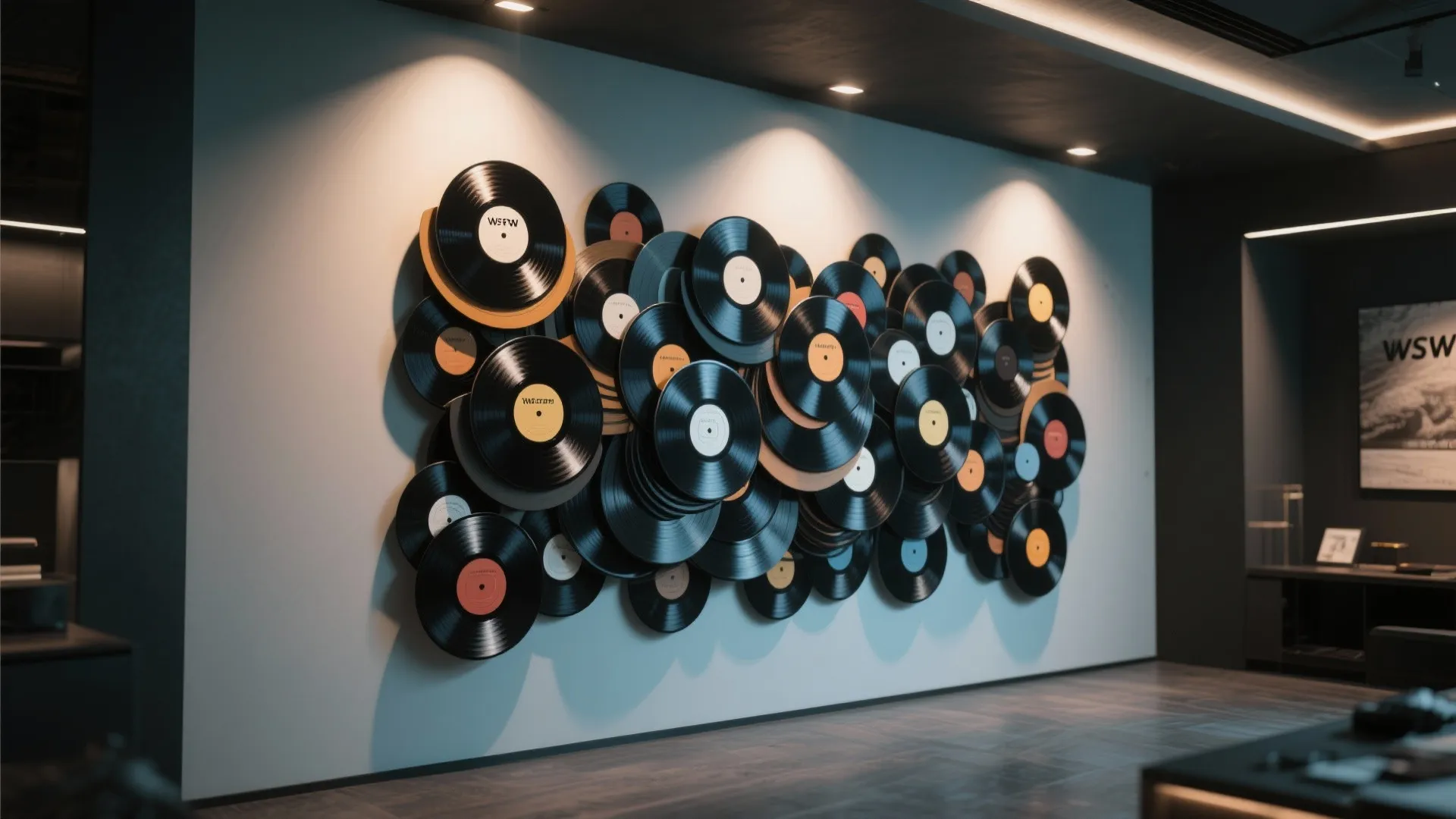 Layered wall sculpture made from stacked and offset vinyl records