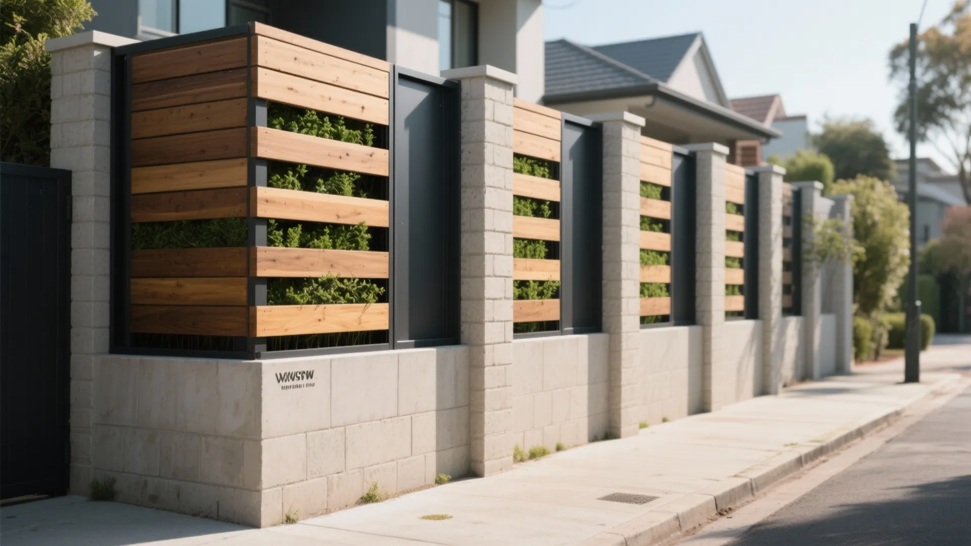 Modern outdoor wall design with stone bricks wooden slats and green plants along a sidewalk