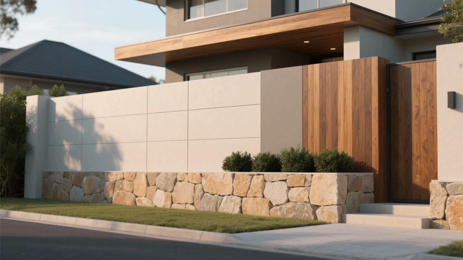 Modern house exterior wall with white panels wood slats stone base green bushes and grass