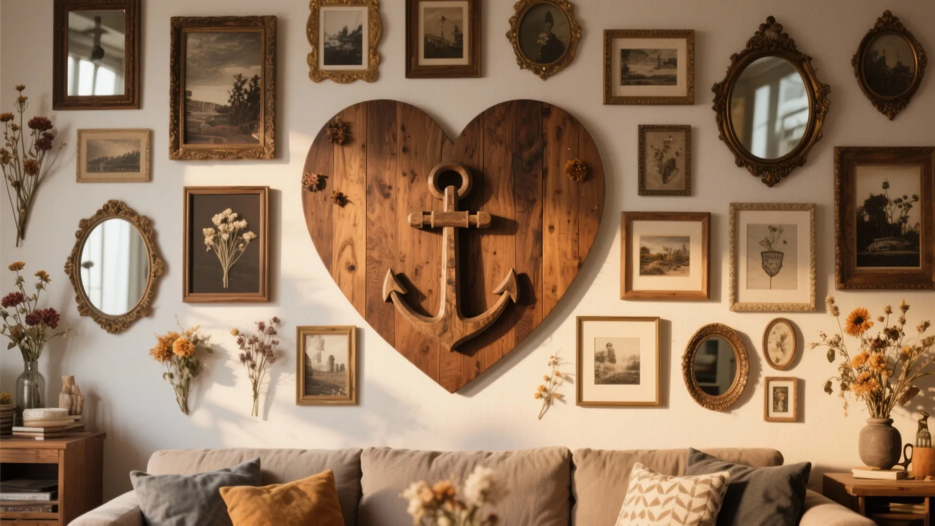 Large wooden heart as focal point in layered wall collage