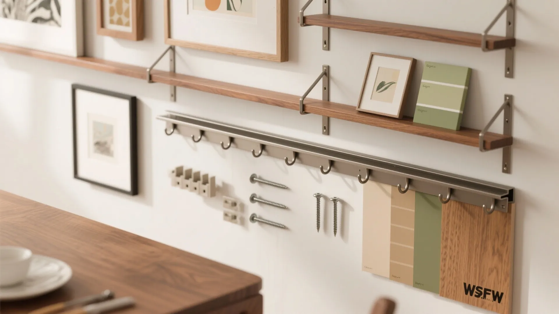 Layered wall systems: shelves, rails, and art working together