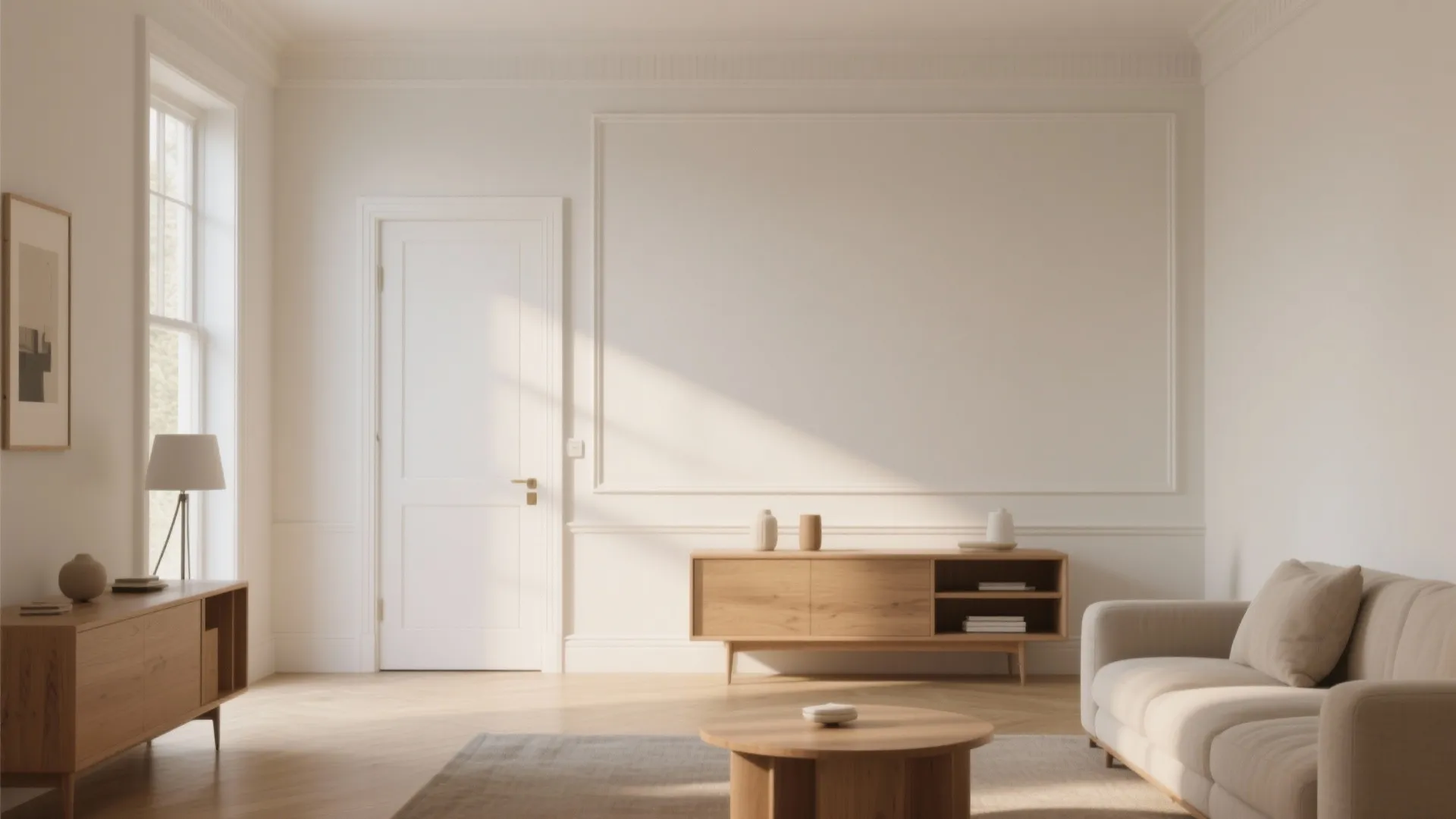 Minimalist living room featuring cream walls wooden cabinet beige sofa round coffee table and natural light