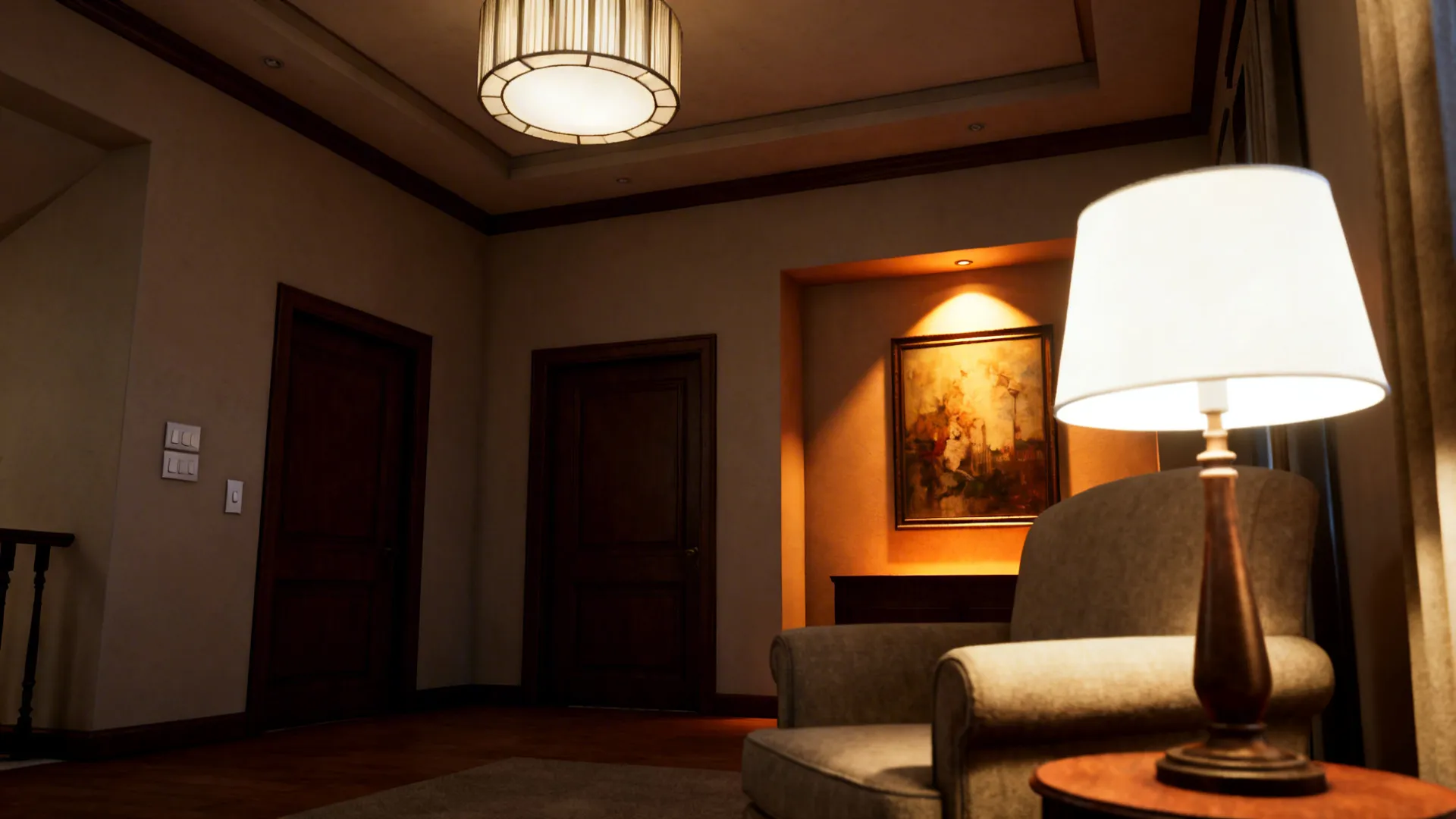 Living room showing ambient ceiling light, reading lamp, and accent lights creating layered warm lighting.