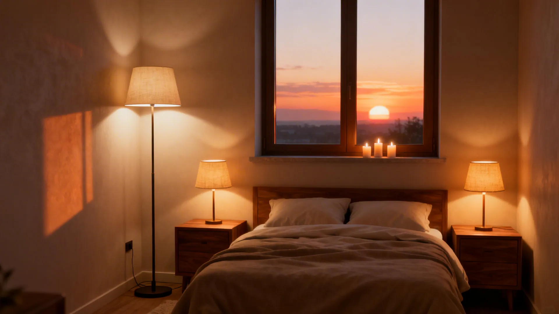 Small bedroom with layered warm lighting from floor and bedside lamps plus candles.