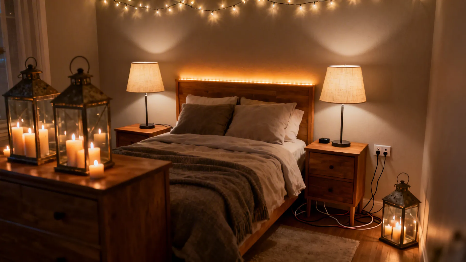 Warm bedroom design with wooden bed table lamps string lights and candles in glass lanterns