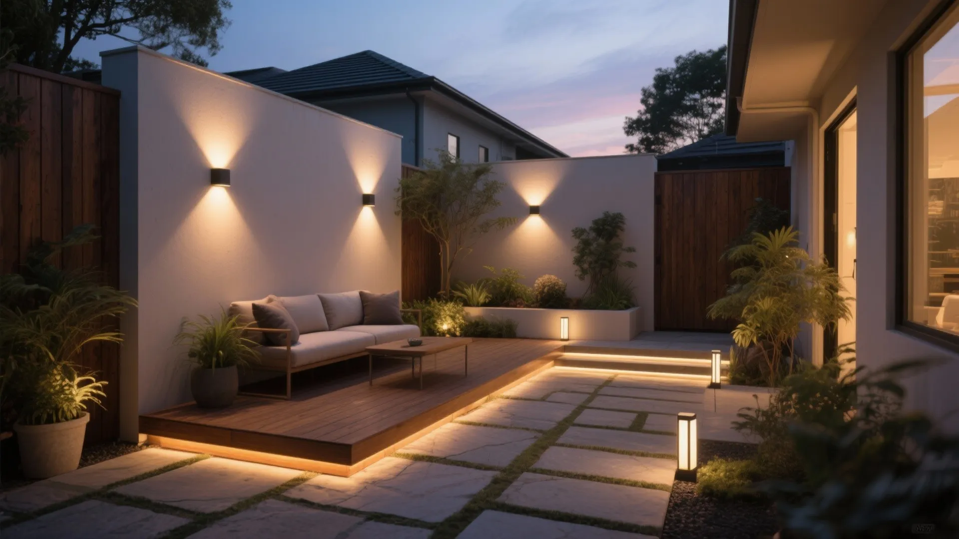 Layered warm lighting combines up down wall beams with low step lights in a cozy courtyard.