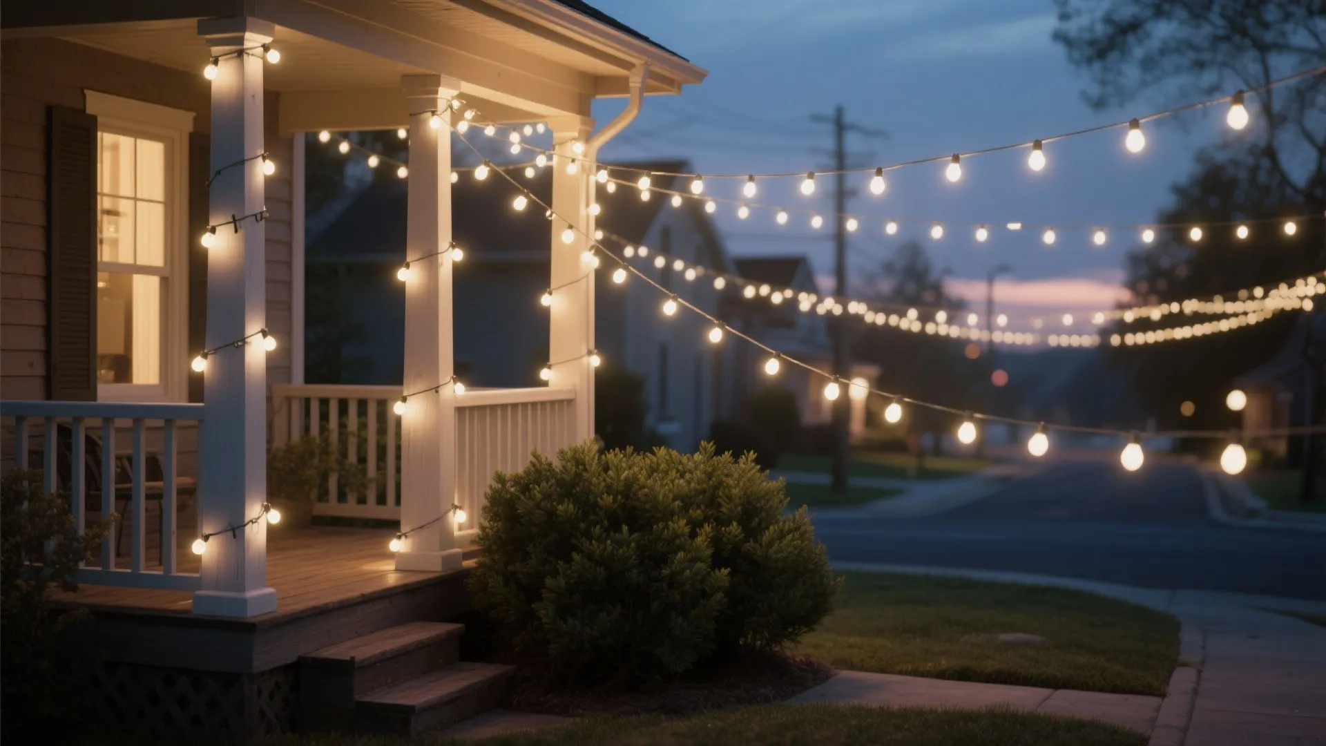 Warm string lights hanging from a white house porch across a green yard at dusk