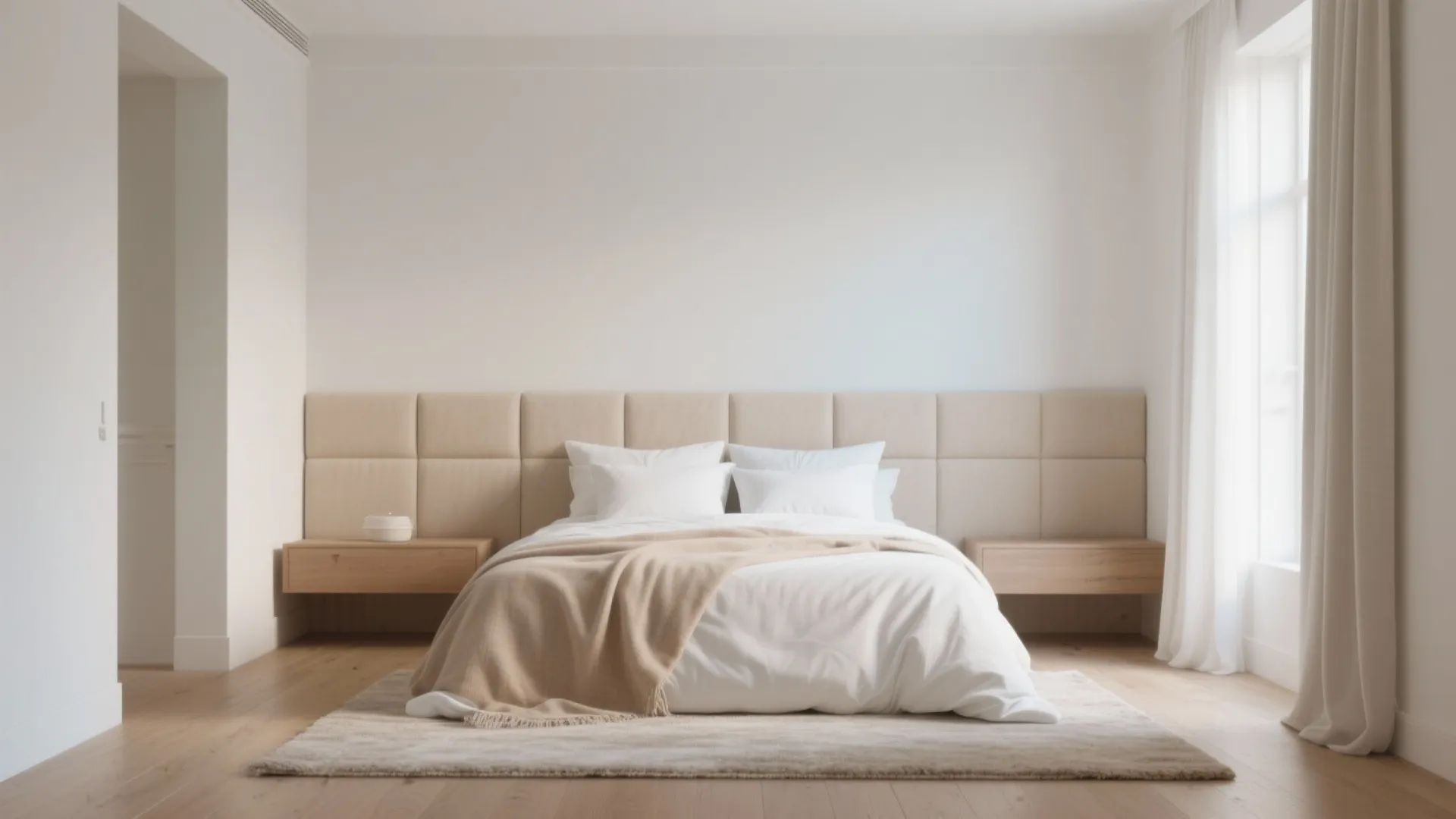 Minimalist bedroom with beige headboard panel wooden floor soft white bedding and natural window light