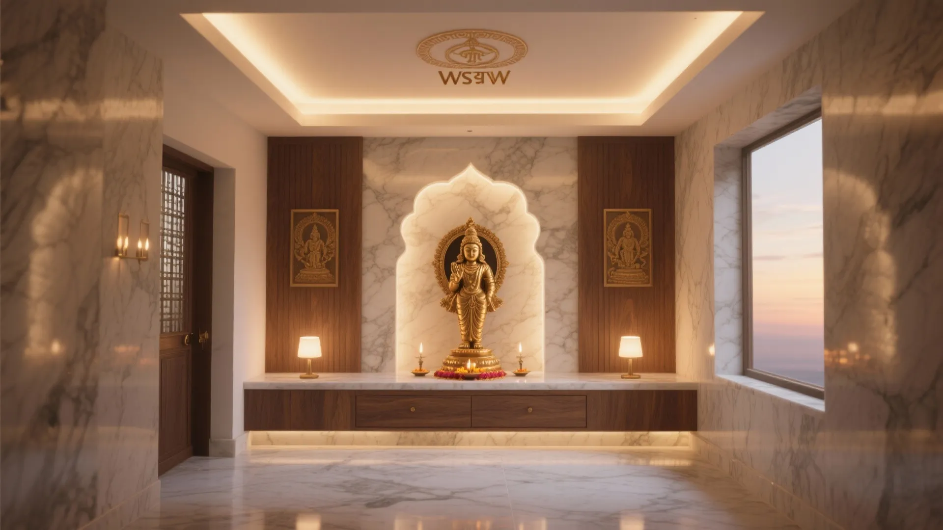 Small pooja room with ambient, task, and accent lighting in warm 2700–3000K tones highlighting the altar.