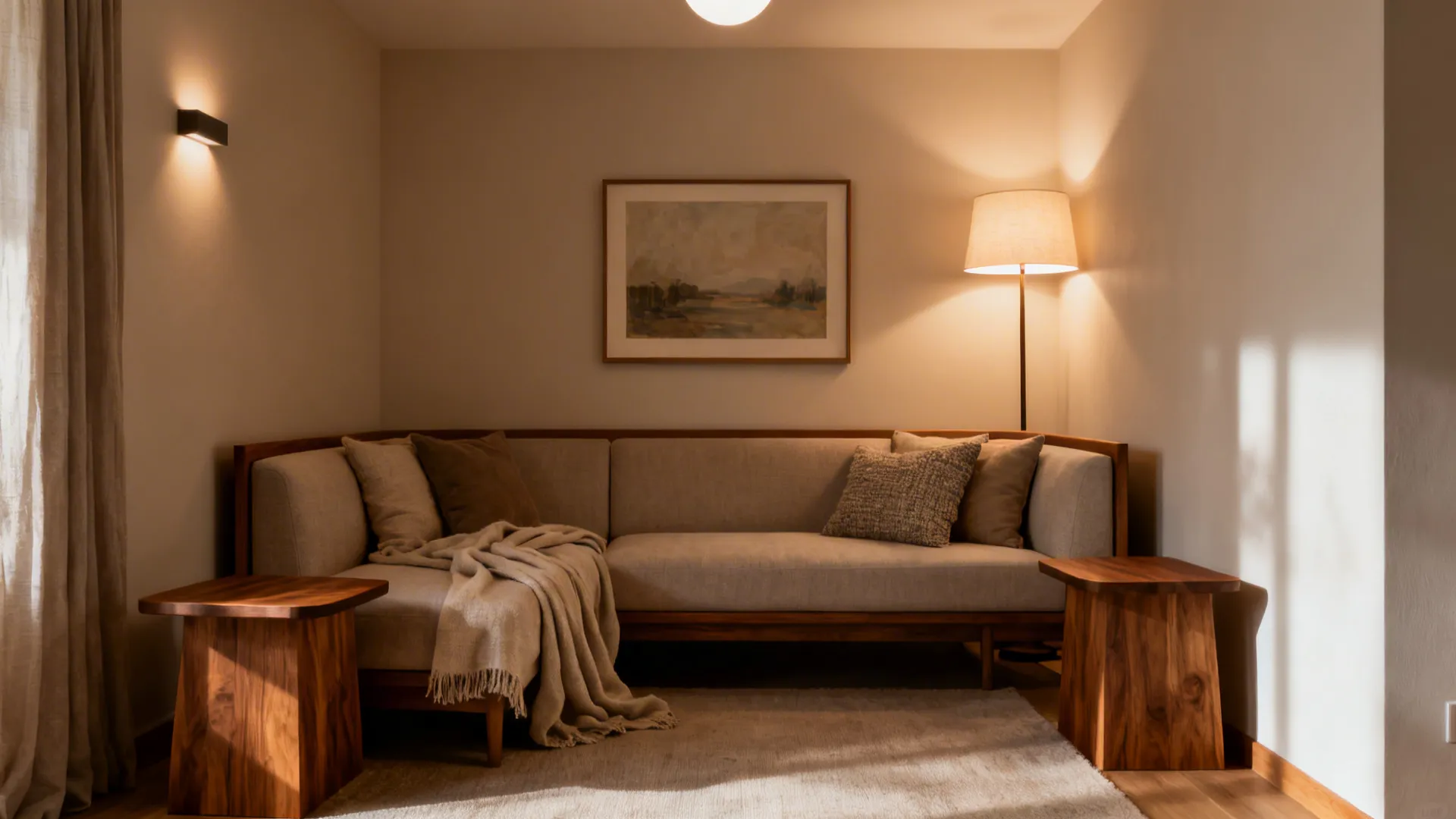 Neutral L-shaped sofa with oak accents, linen throws, and layered lighting.