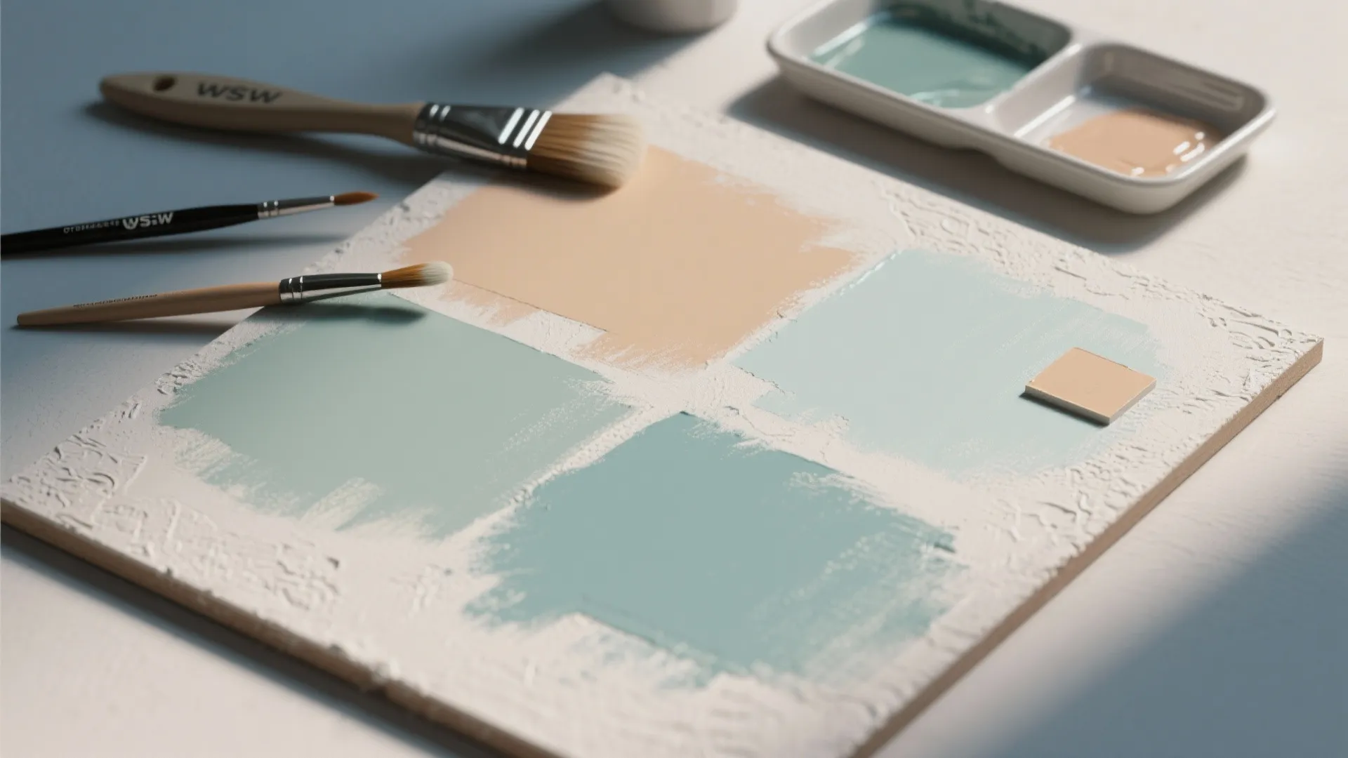 Paint swatches on a white board with brushes and a small tray of colorful paints