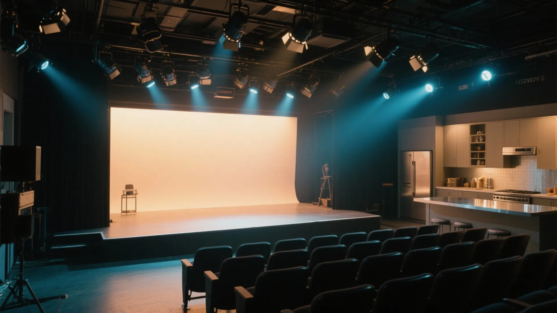 Modern studio stage with professional blue lights shining on a kitchen set and theater seating