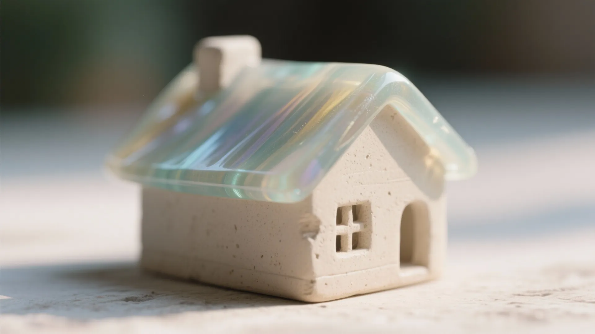 Small white ceramic house model with a translucent light blue glass roof on white surface