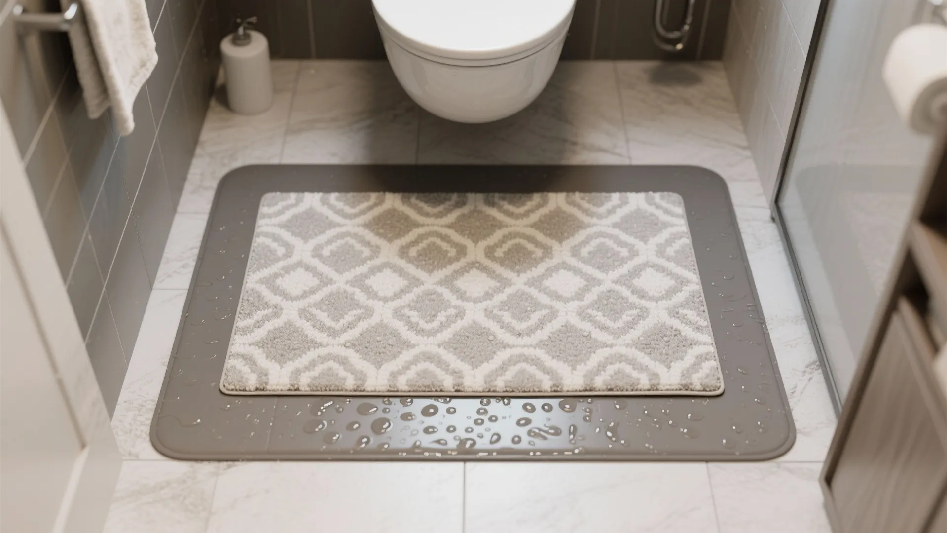 Patterned grey rug placed on a waterproof mat with water drops on a marble bathroom floor