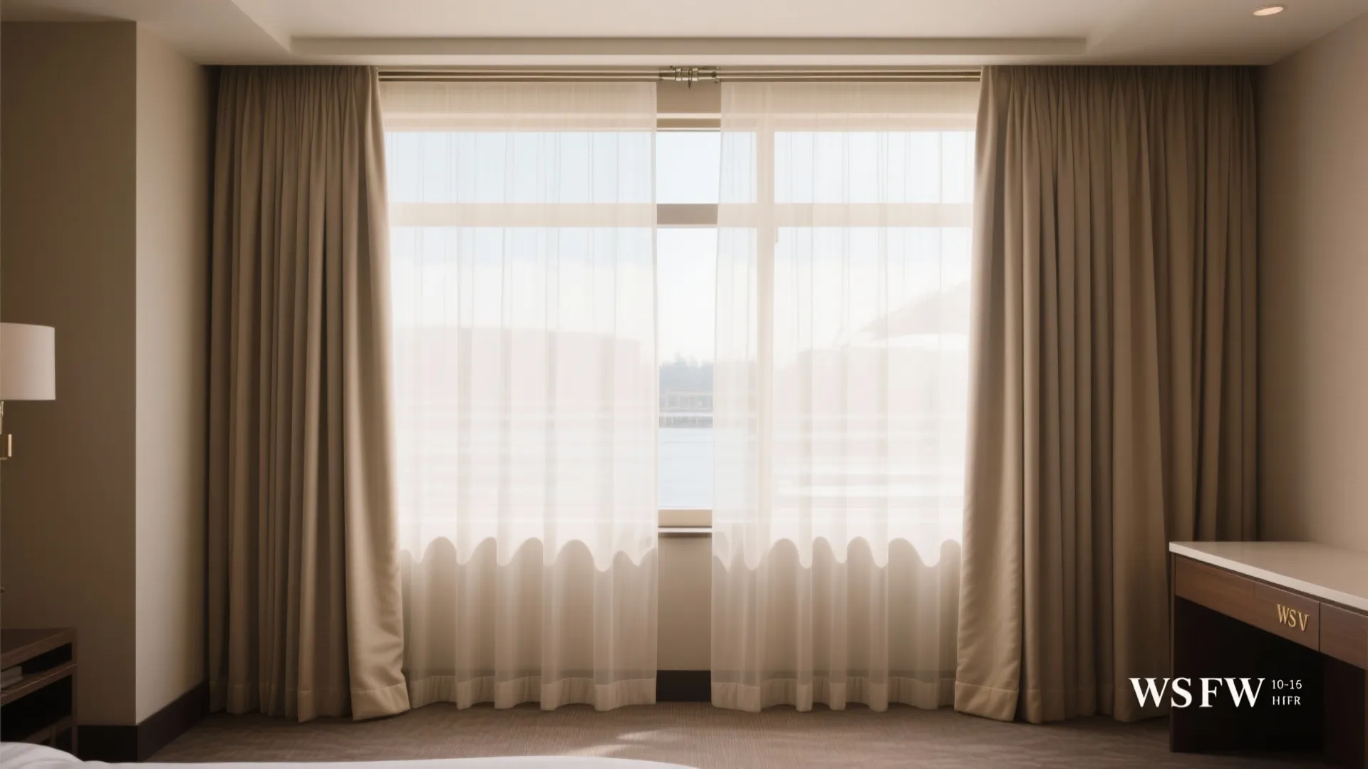 Bright room showing layered window treatment with beige curtains over white sheer panels and desk