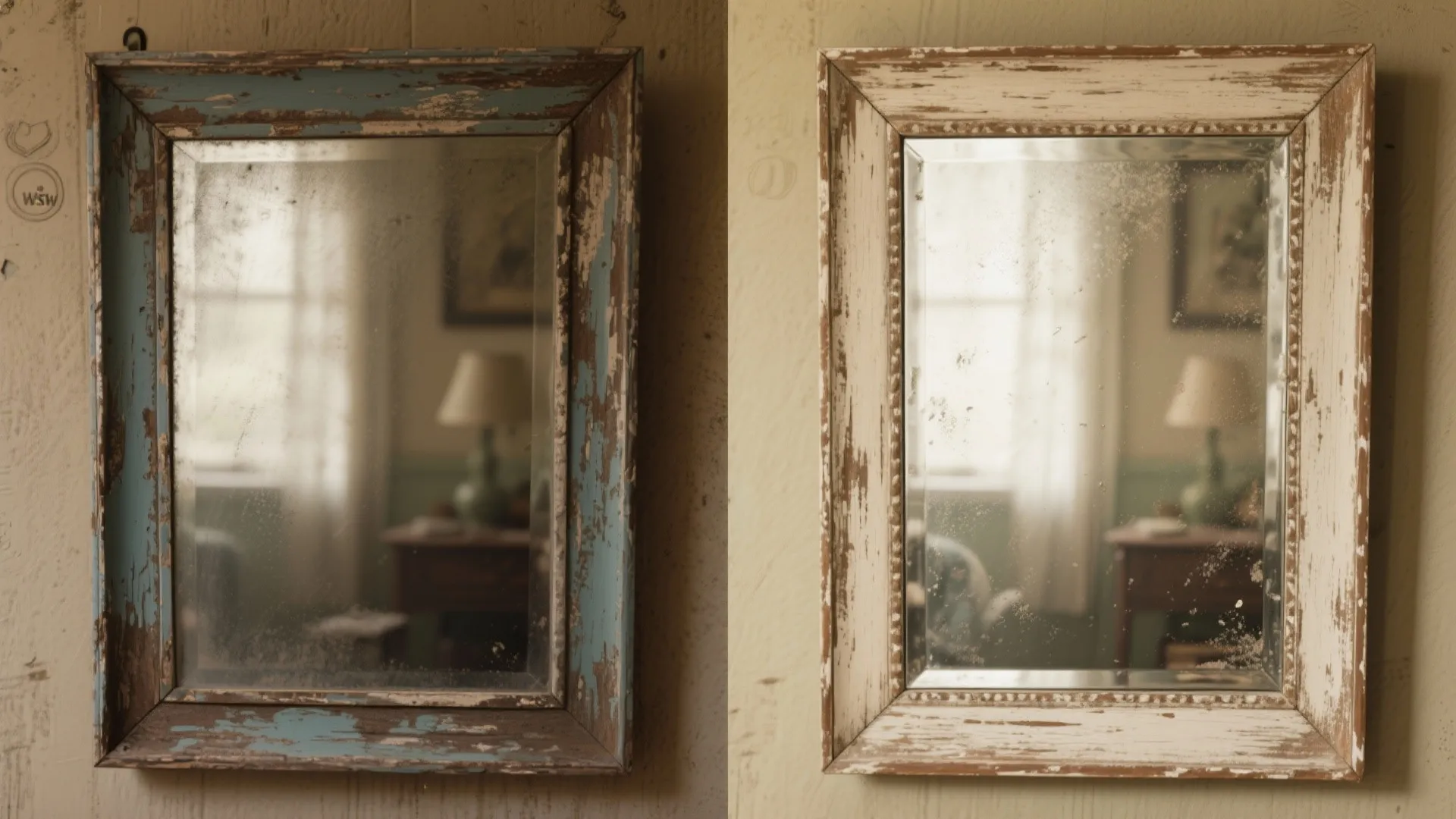 Side-by-side comparison of two different old mirrors with worn out blue and white painted frames