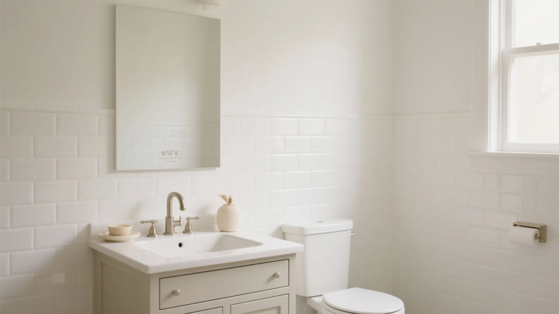 White bathroom featuring subway wall tiles a small sink vanity mirror toilet and bright light