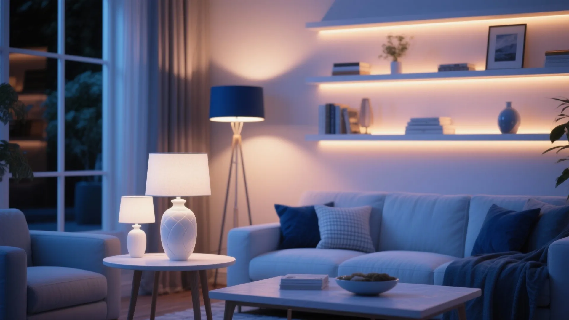 Living room at night with warm shelf lighting table lamps blue sofa and wood coffee table