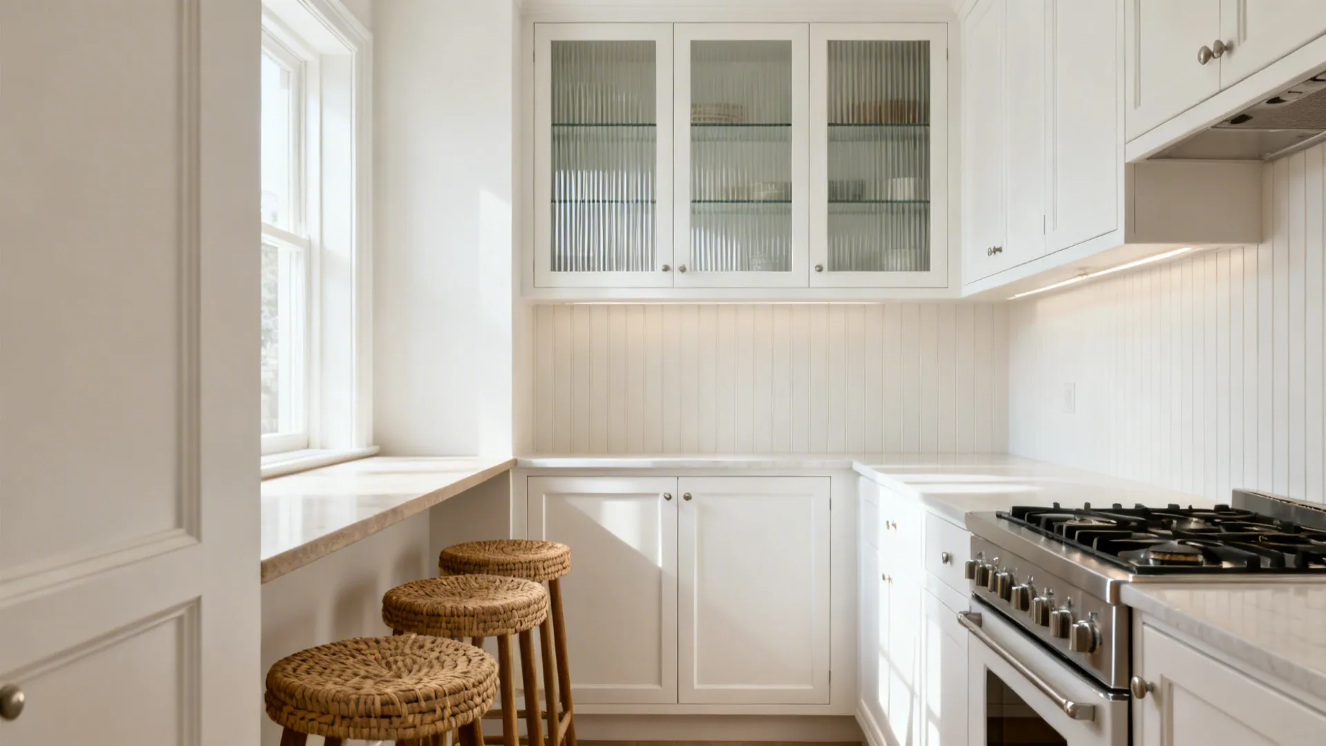 Small white kitchen with warm wall white, crisp trim, beadboard backsplash, and ribbed glass textures.