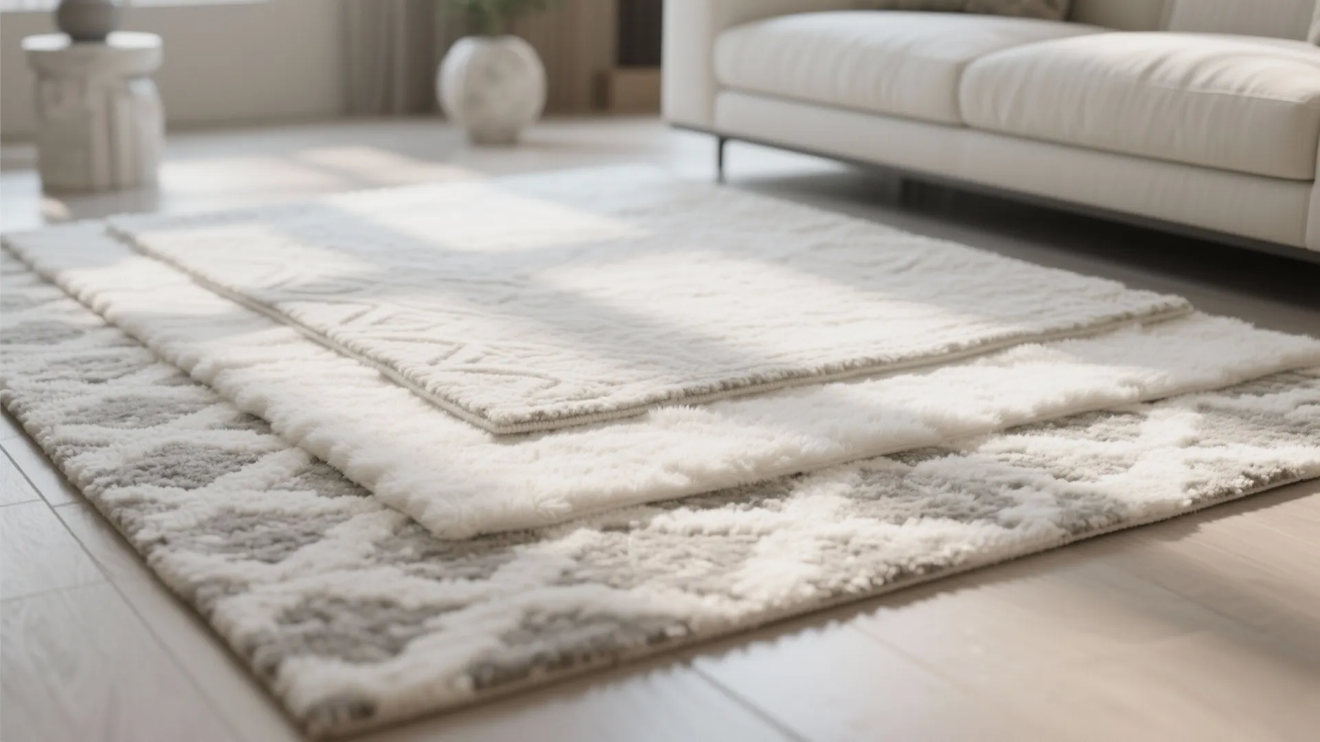 10. Layered Rugs in Neutral Whites