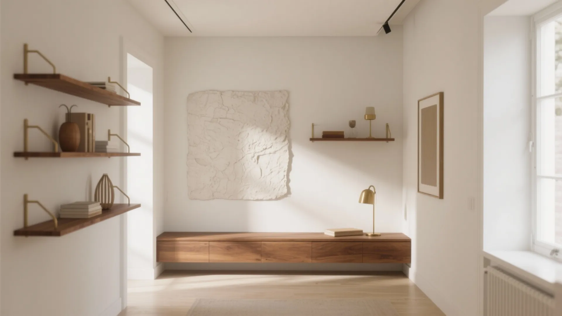 Minimalist room featuring wooden cabinet floating shelves white textured wall art and a desk lamp