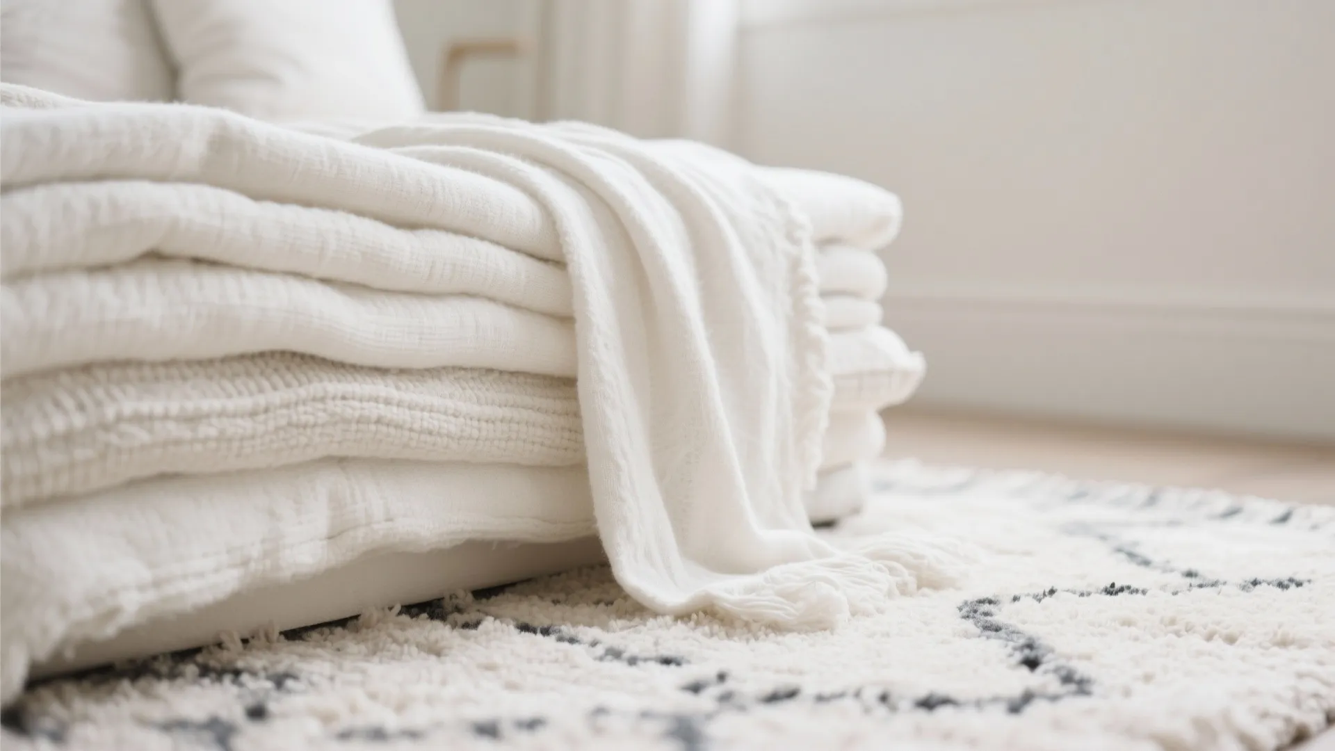 Stack of soft white folded blankets resting on a white patterned rug in bright space