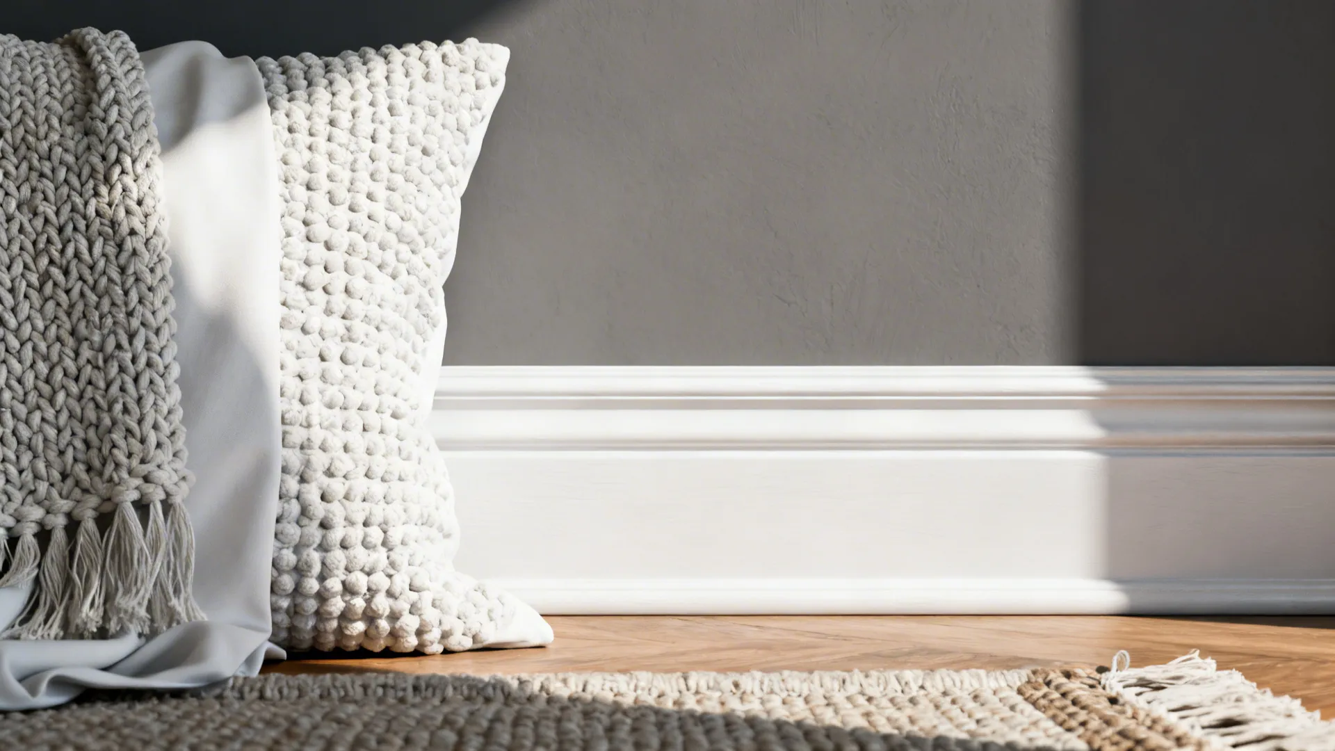 Textured white pillow with blanket on wooden floor next to white wall panel and grey