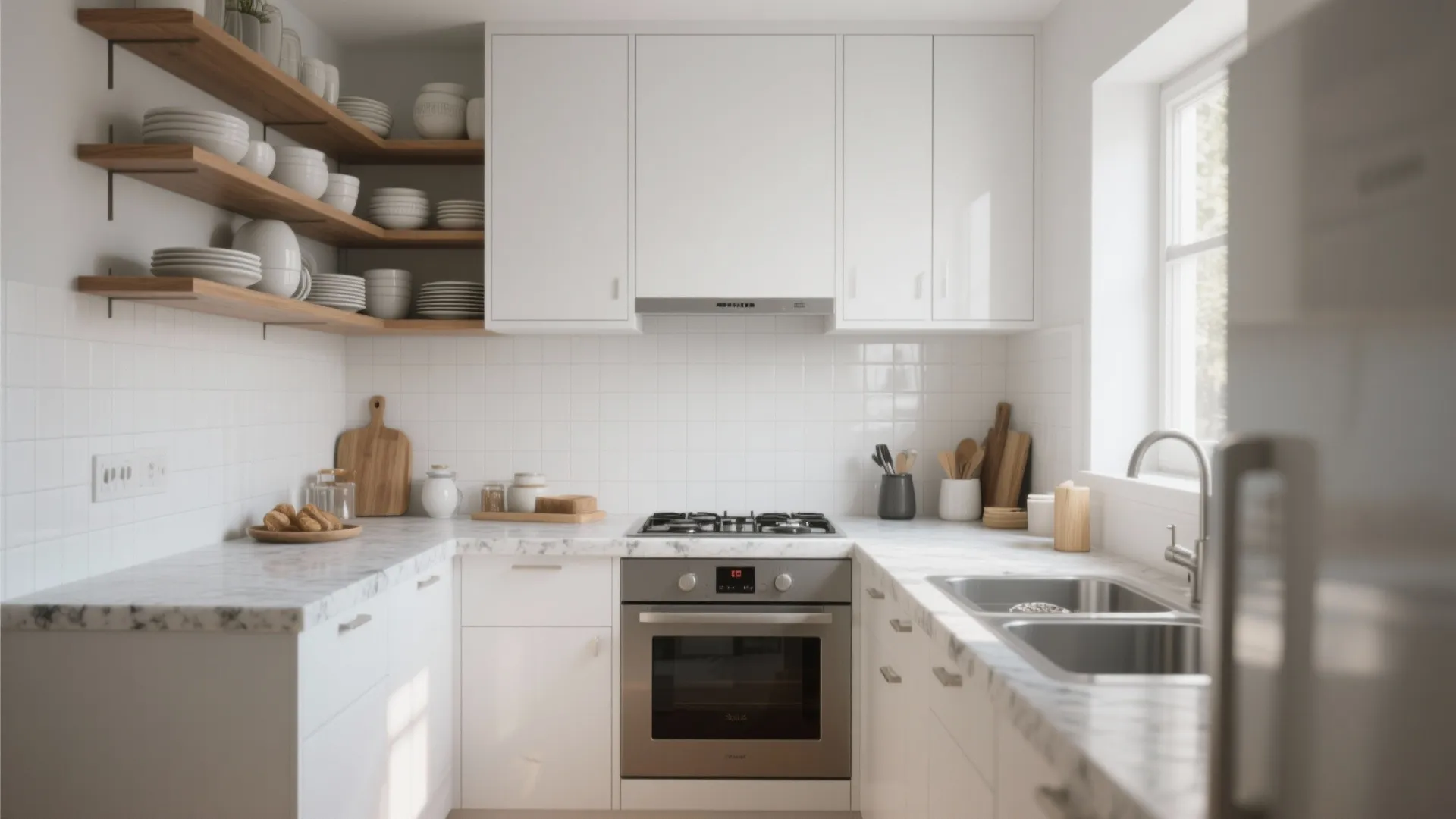 1. Layered Whites with Warm Wood Accents