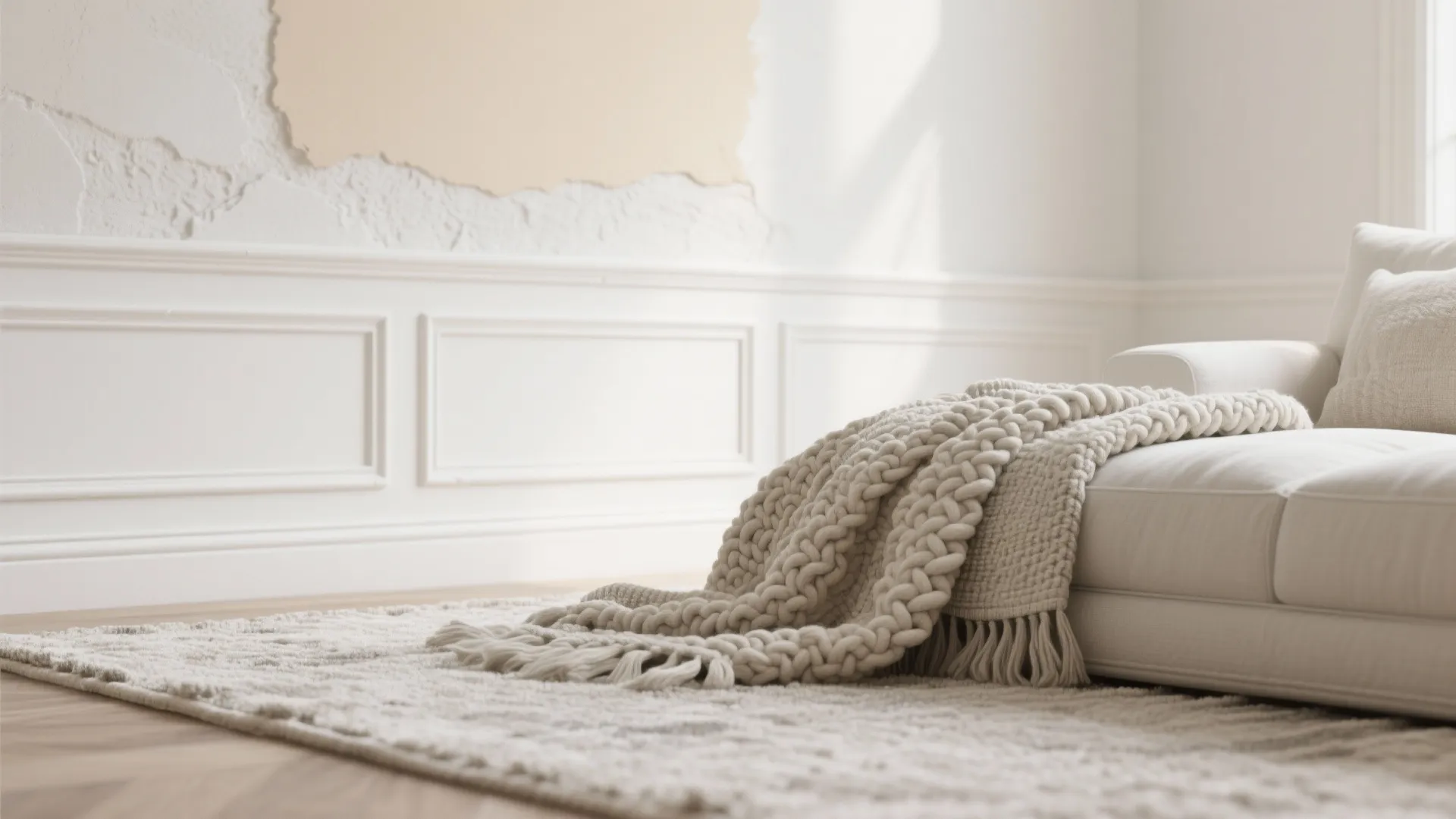 Close-up textures: woven throw, looped rug and plaster wall showing layered whites and tactile materials.