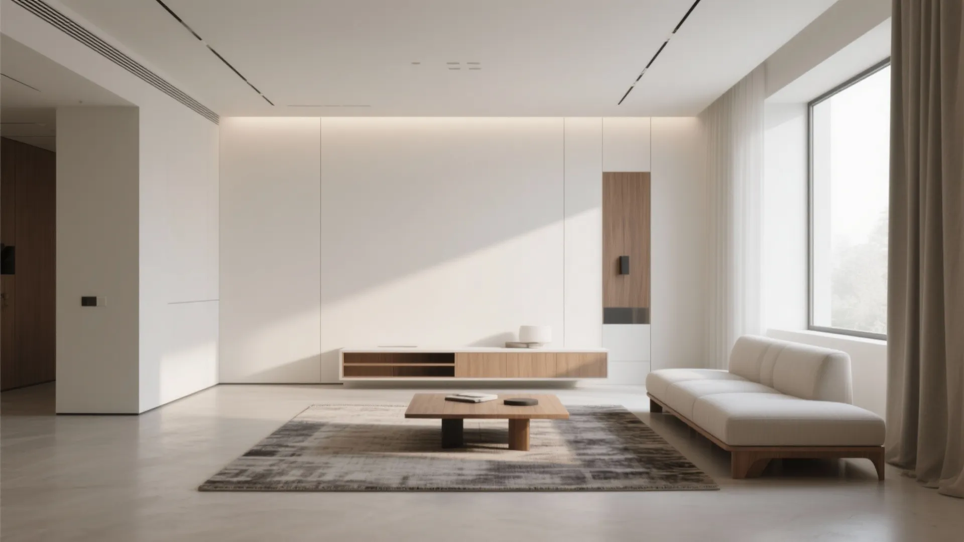 Minimalist white living room with wood cabinet low sofa grey rug and large bright window