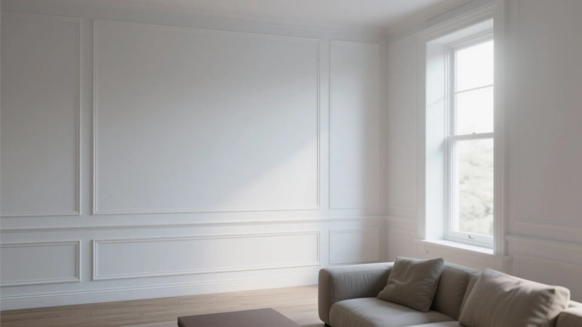 Empty white wall with decorative wall panel near bright window and a modern grey sofa