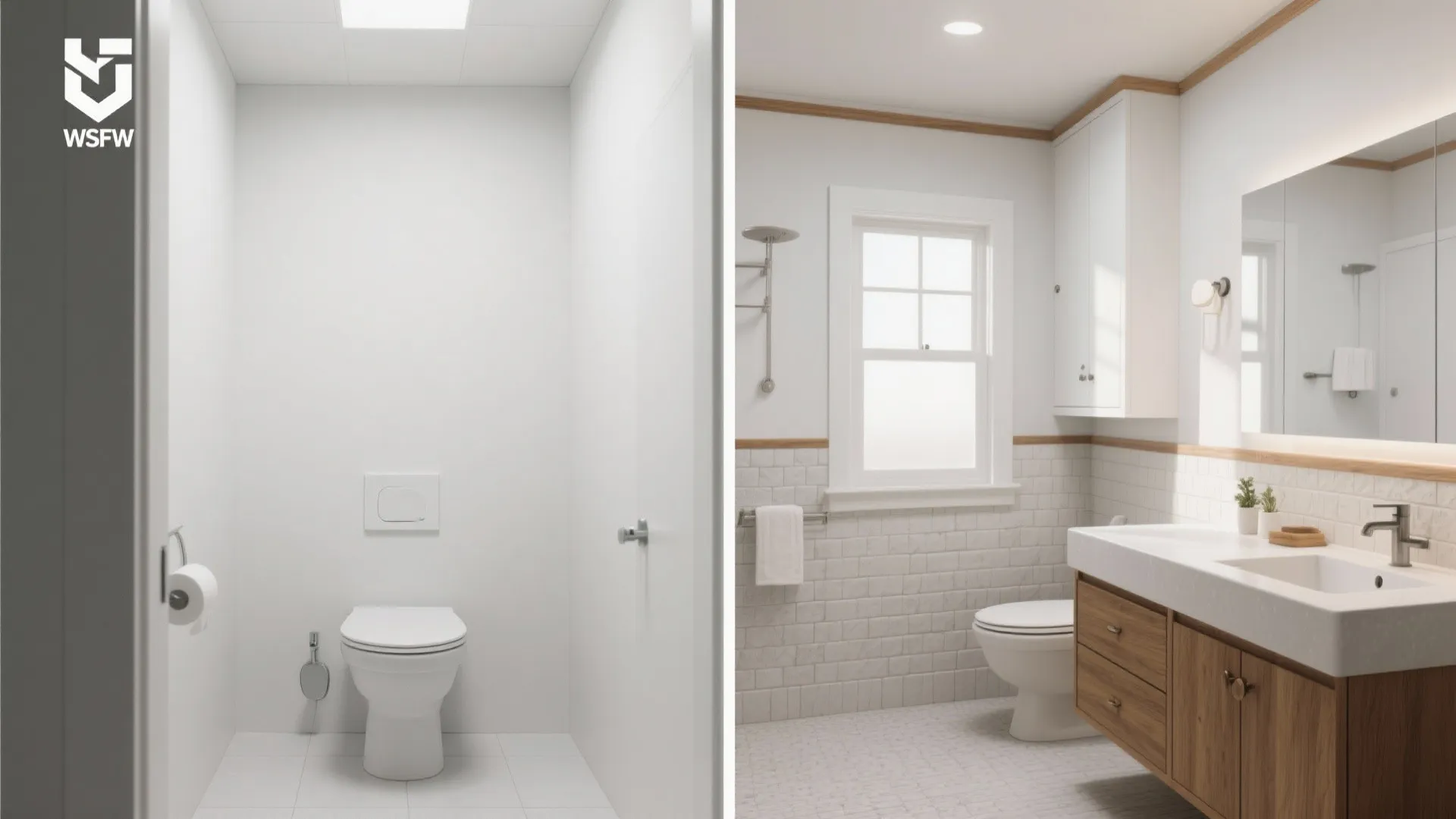 Before-and-after small bathroom comparison showing single flat white vs layered whites with wood accents