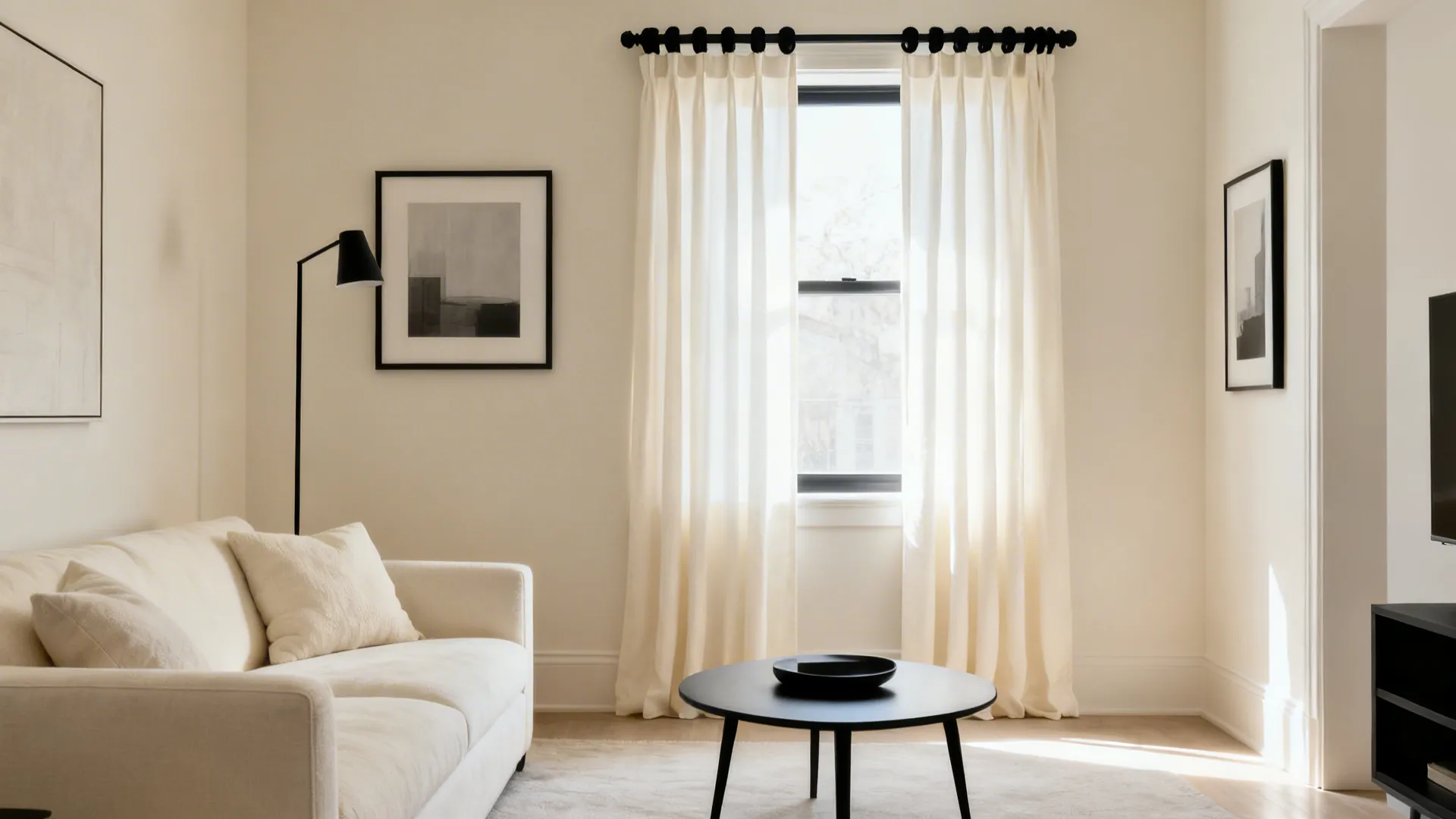 Warm white living room with slim black accents in lamps, frames, and a slender coffee table.
