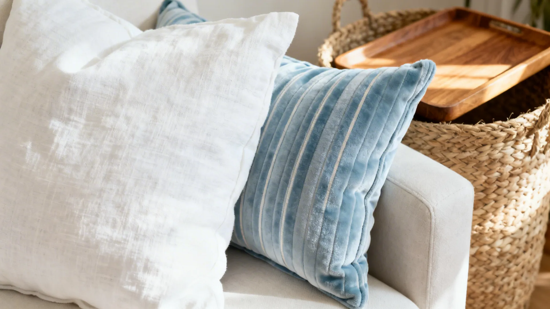 Close up of white and blue striped pillows on a sofa with a woven basket