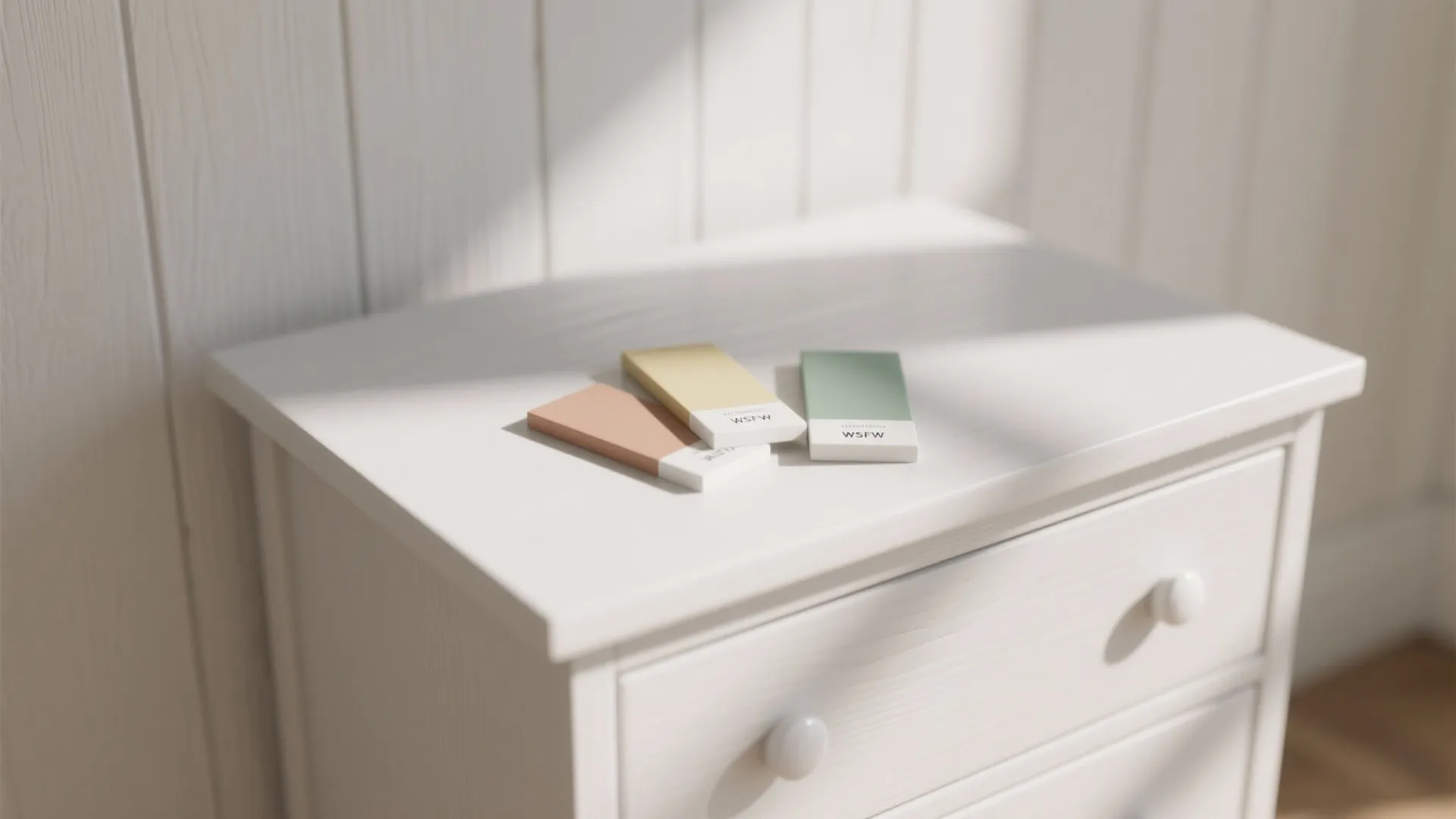 Close-up of matte white dresser against warm white shiplap with paint samples showing undertones.