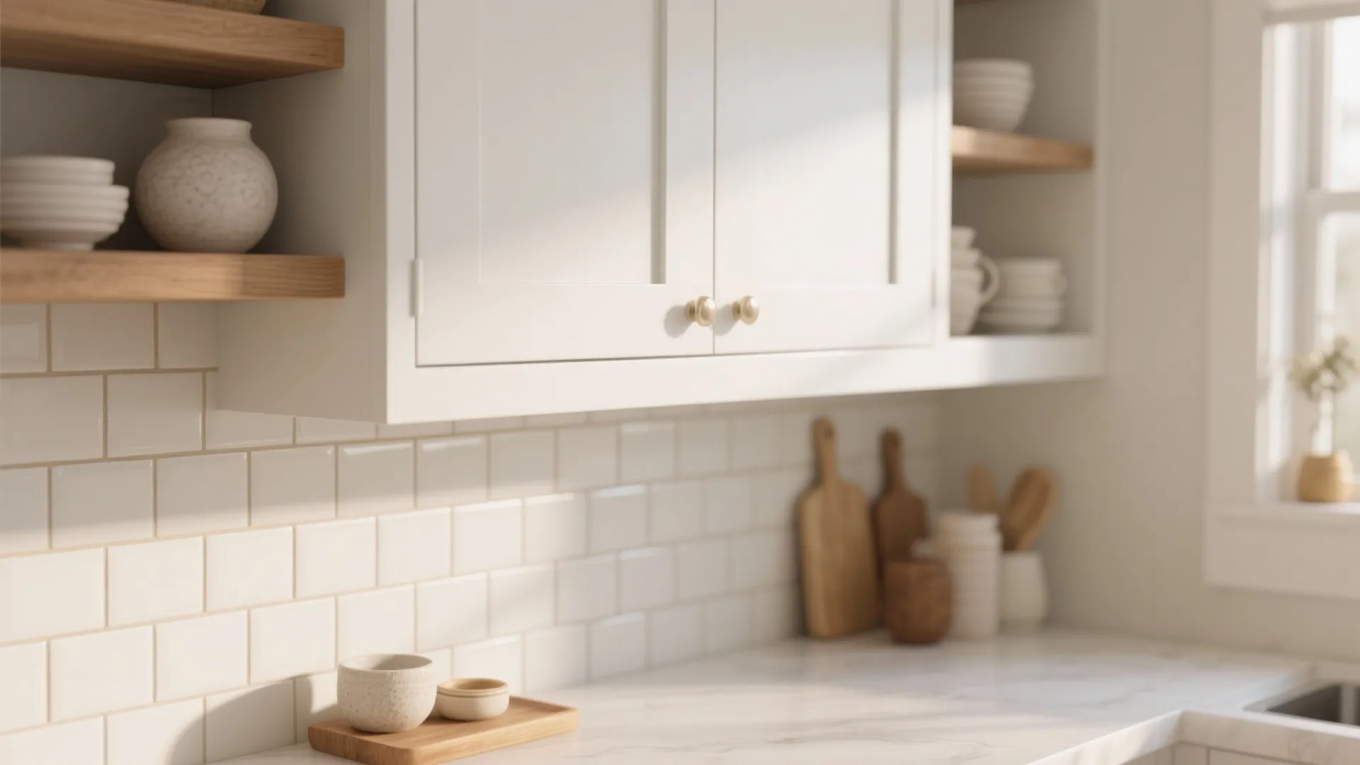 Close up of white kitchen cabinet with subway tile backsplash wooden shelving and white countertop