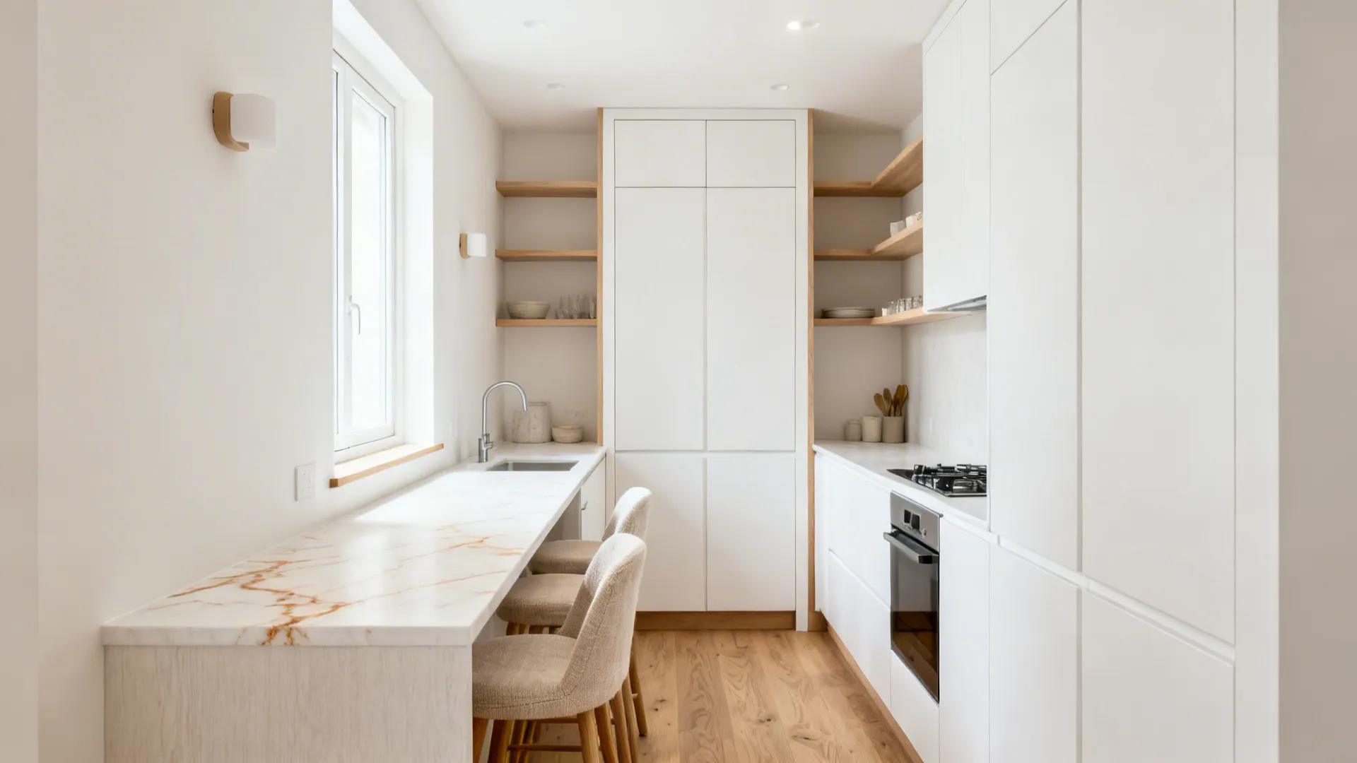 Matte white cabinets with off-white walls and oak accents in a compact kitchen.
