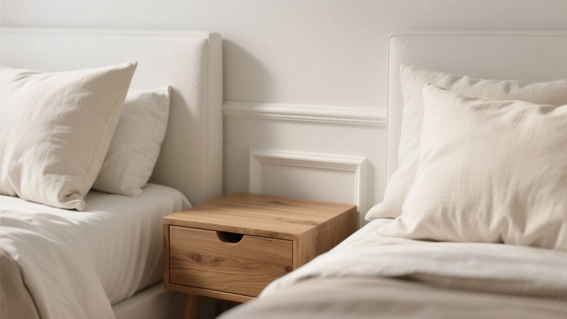 Close-up of layered white linens, glossy trim and warm oak bedside table in a twin bedroom.