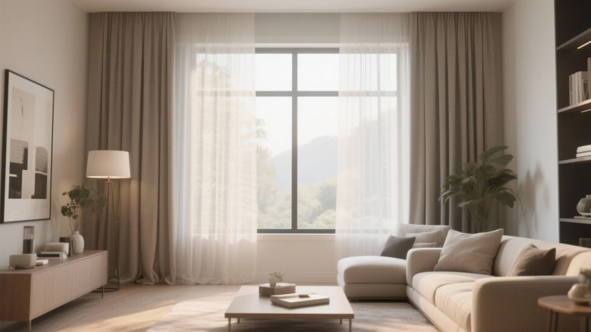 Living room window with layered sheer and blackout curtains