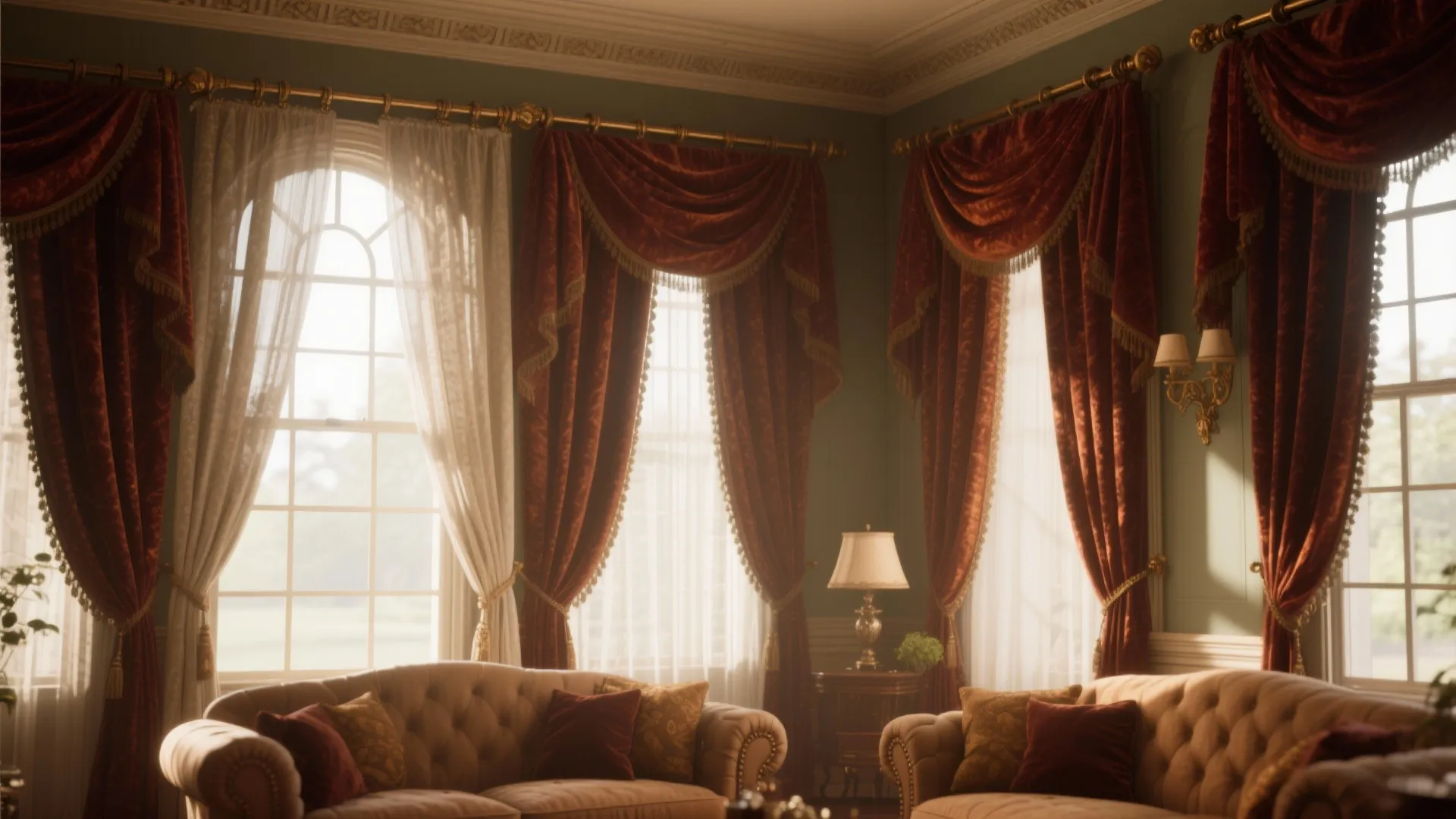 Classical living room featuring large windows with layered red and white curtains and two sofas