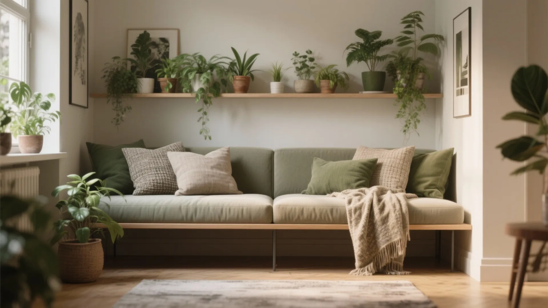 Green sofa with pillows and blanket under wooden shelf with many small green potted plants