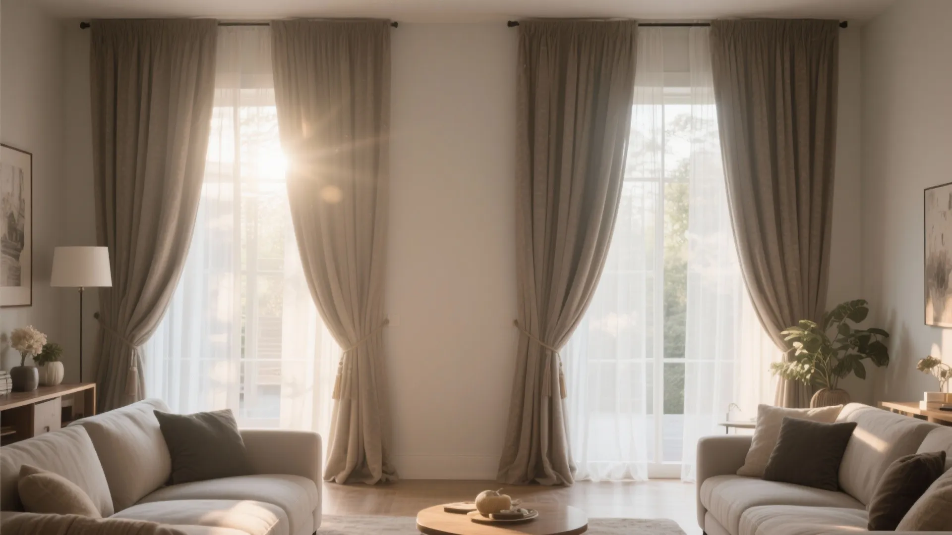 Two large windows with brown curtains and white sheer fabric in a bright cozy living room
