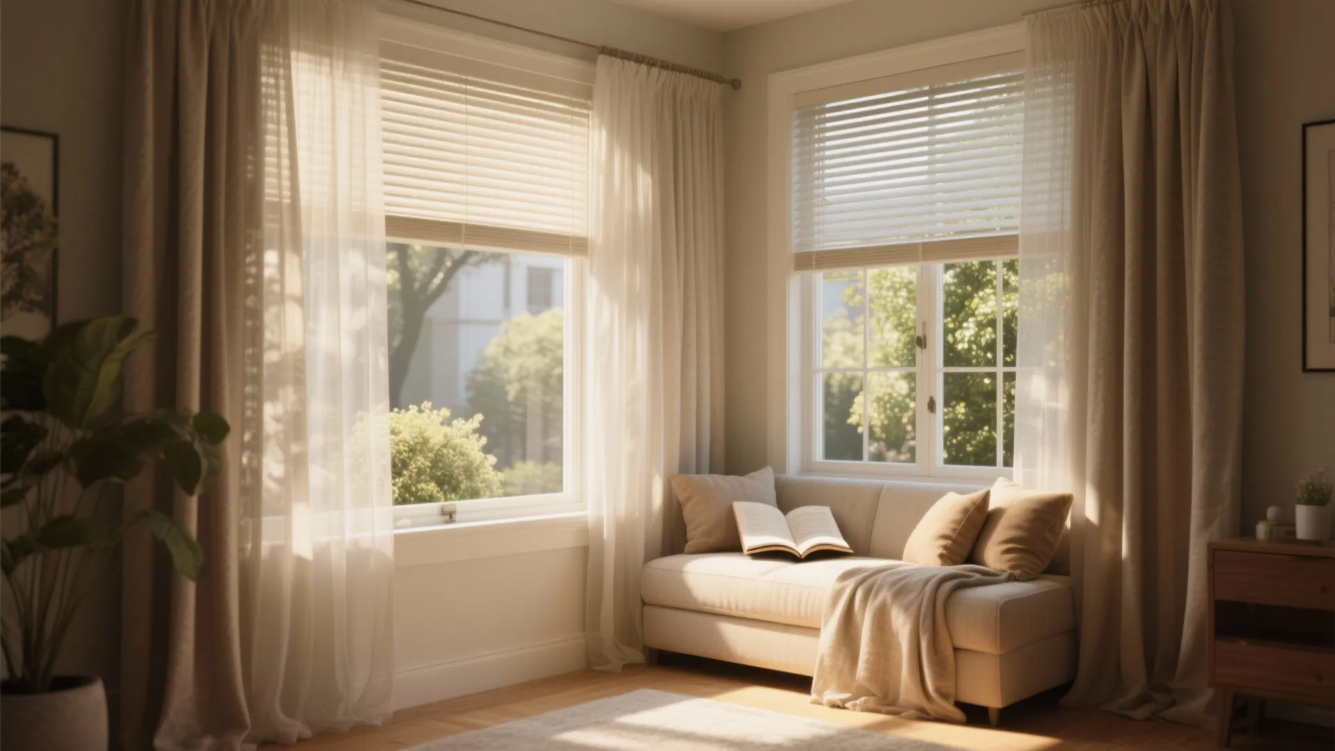 South-facing nook with sheer curtains and roller blinds diffusing daylight and showing trimmed exterior foliage.