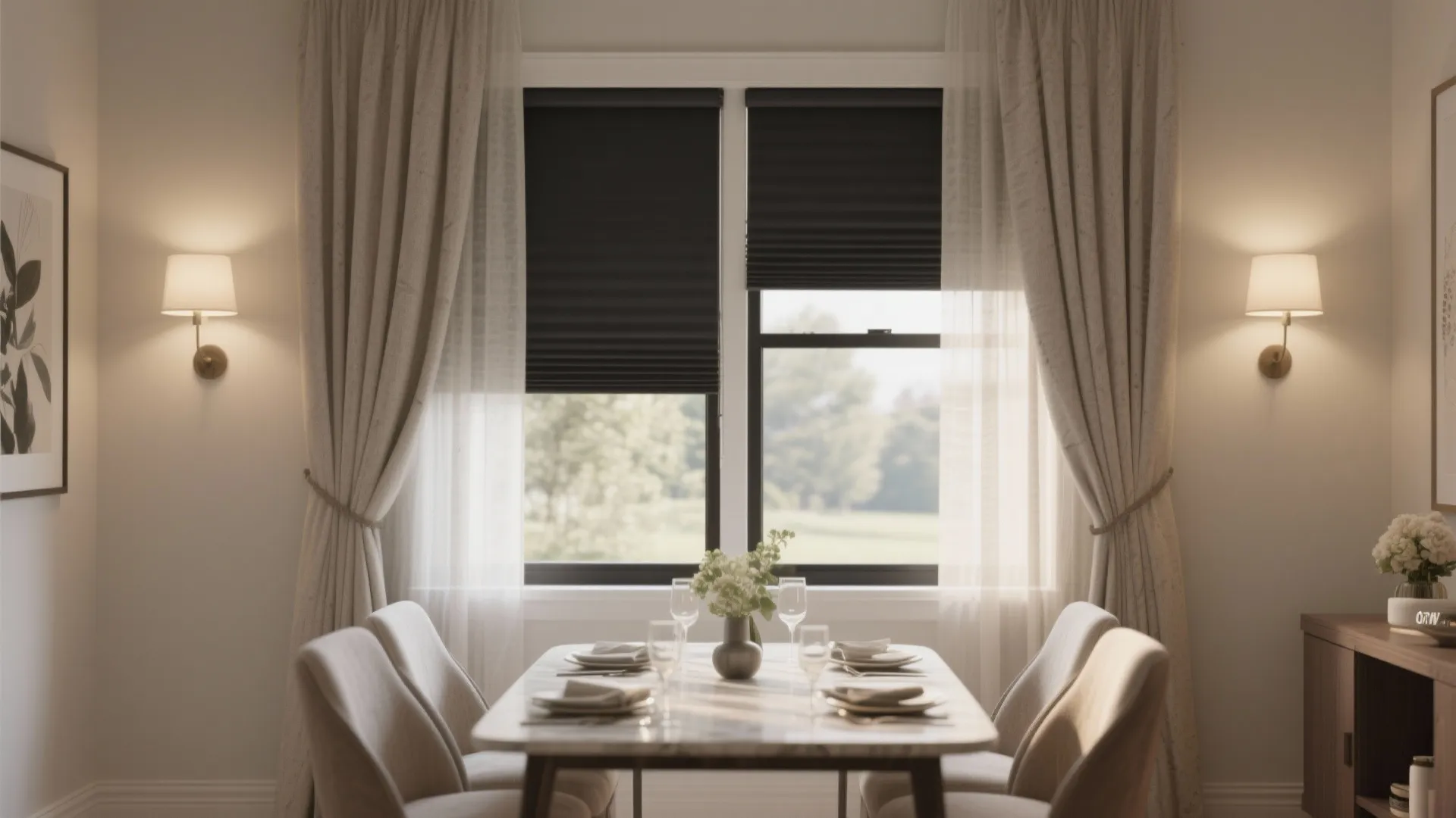 Layered roller shades and curtains in a dining room