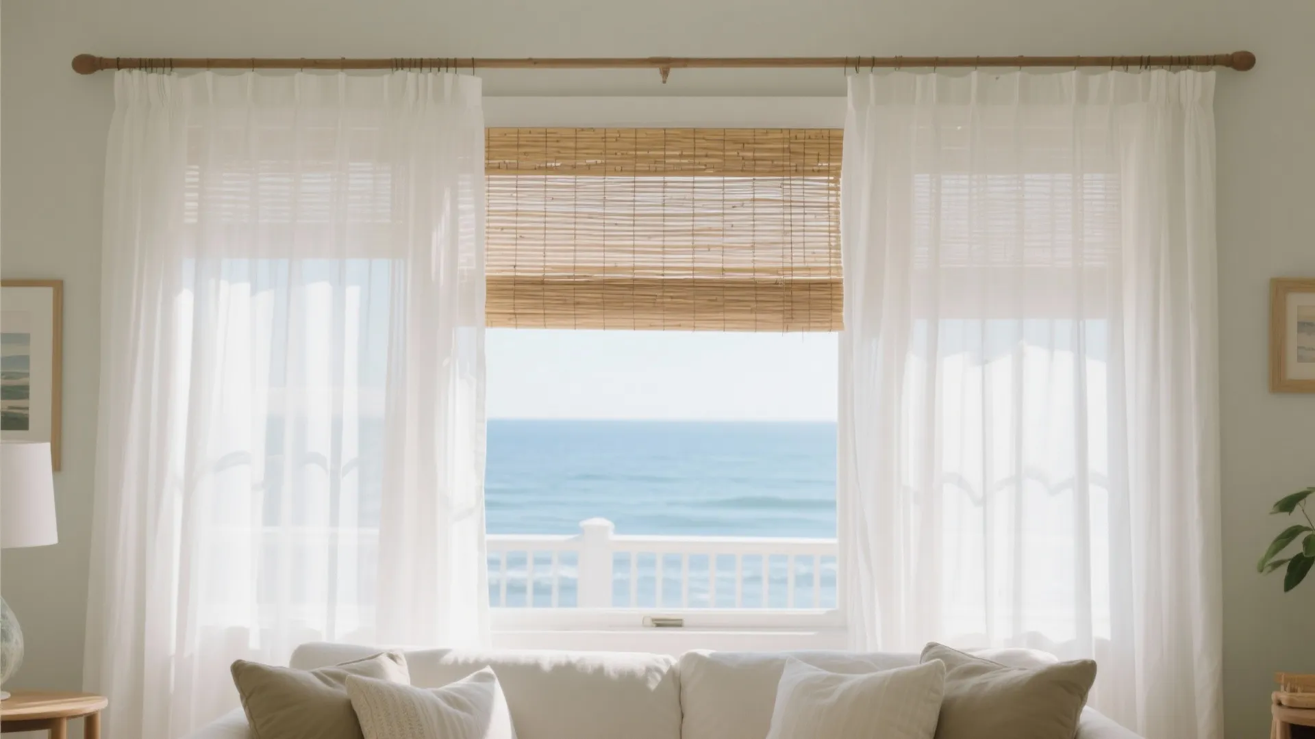 White curtains and bamboo blind on window overlooking the ocean behind a comfortable white sofa